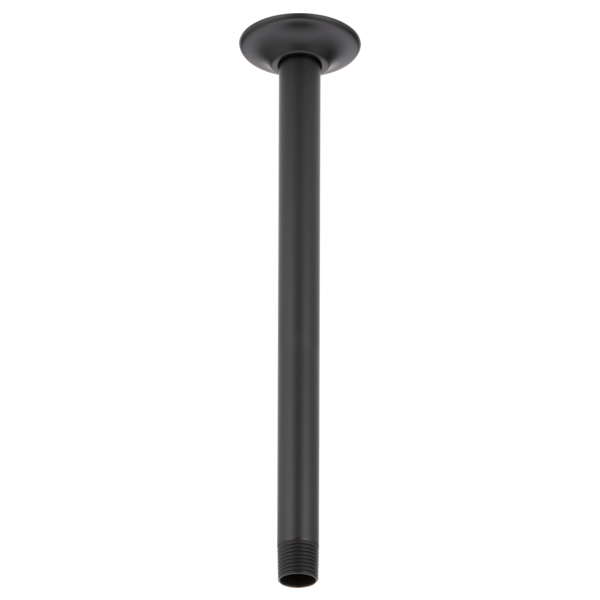 Black ceiling-mounted shower arm with round flange and threaded connection point at bottom.