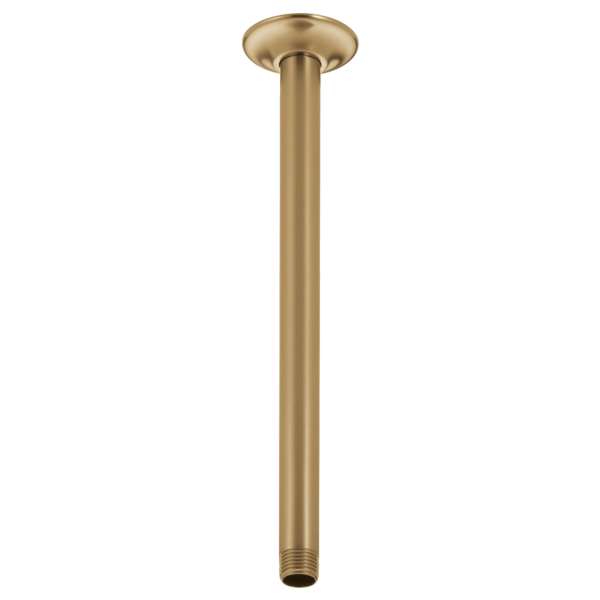 Brushed gold ceiling-mounted shower arm, 14 inches long, with round escutcheon flange.