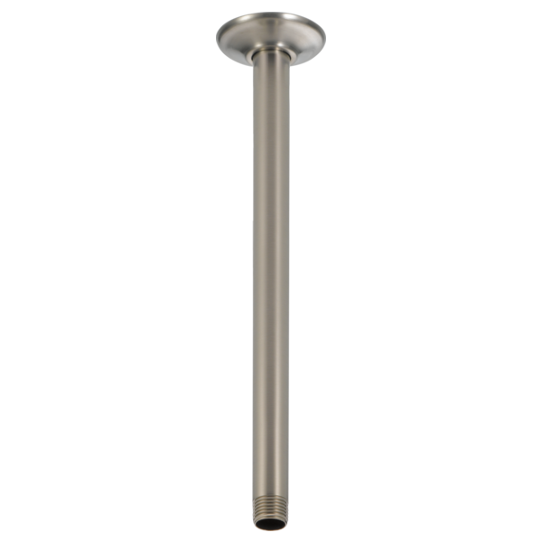 Brushed nickel shower arm with circular ceiling flange and threaded connection point at bottom.