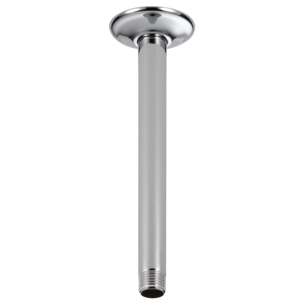 Chrome shower arm with circular ceiling flange and threaded connection, extending vertically downward.
