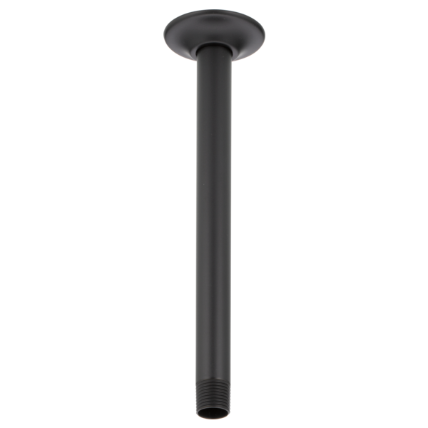 Black ceiling-mounted shower arm with round flange and threaded connector end.