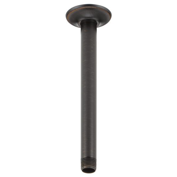 Vertical oil-rubbed bronze shower arm with round ceiling flange and threaded end connection.