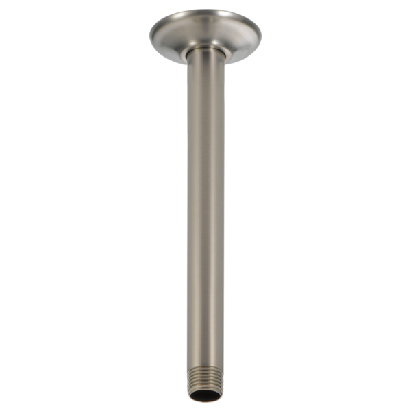 Brushed nickel shower arm with circular ceiling flange and threaded connection end.