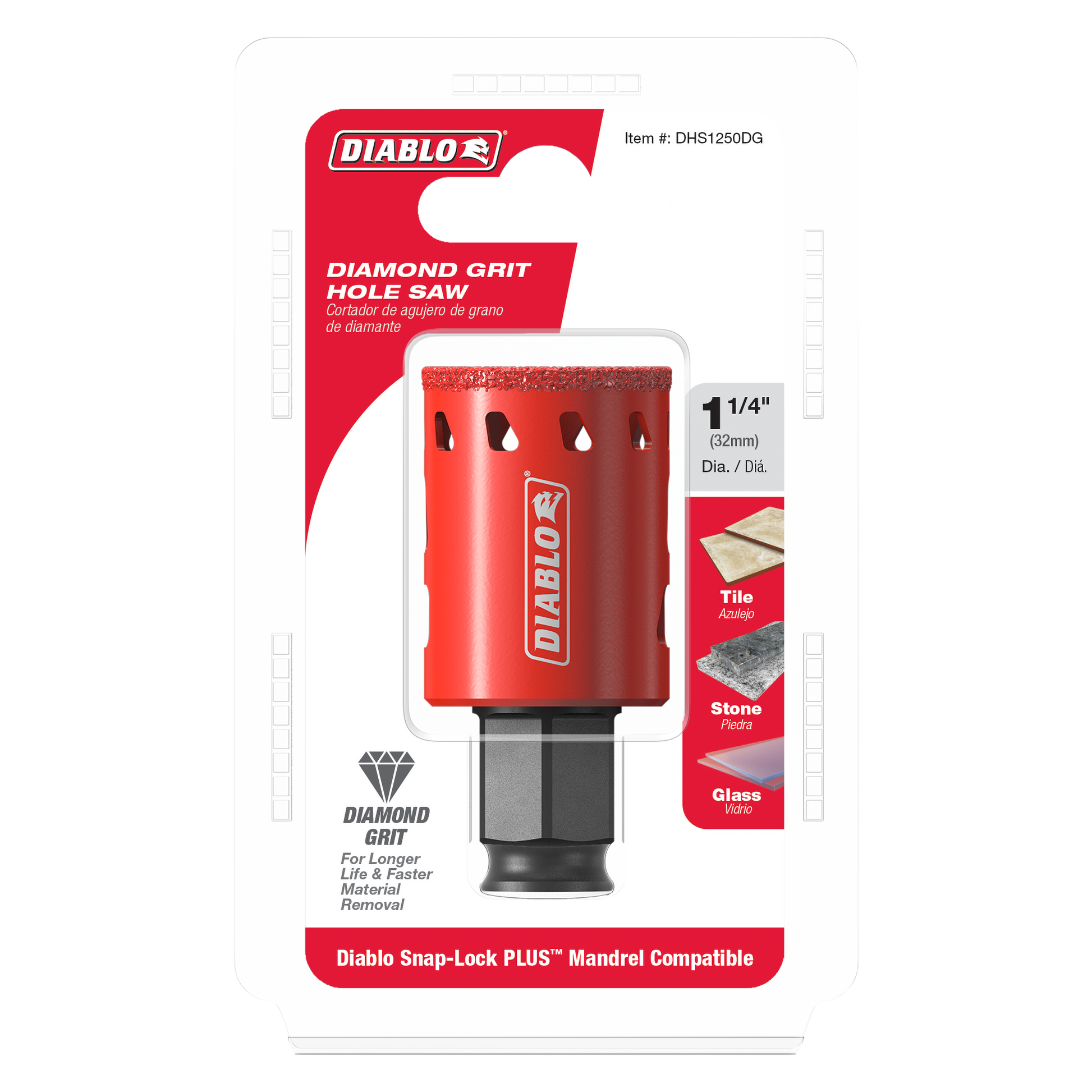 Red diamond grit hole saw with 1 1/4 inch diameter and black snap-lock mandrel base on packaging card.