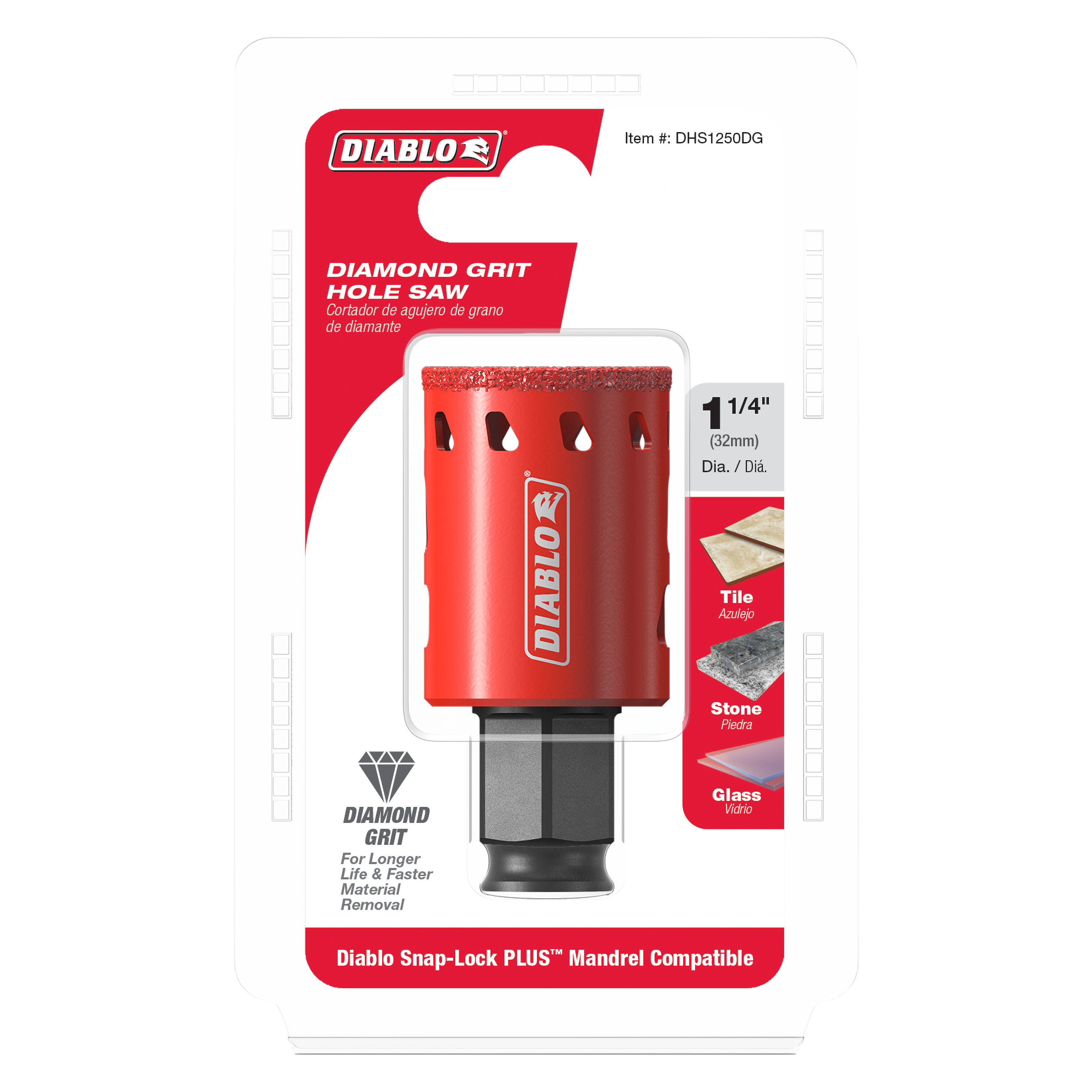 Red diamond grit hole saw with 1 1/4 inch diameter and black snap-lock mandrel base on packaging card.