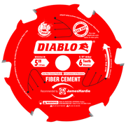 Red circular saw blade with 6 carbide teeth, 5 inch diameter, 5/8 inch arbor, designed for cutting fiber cement.