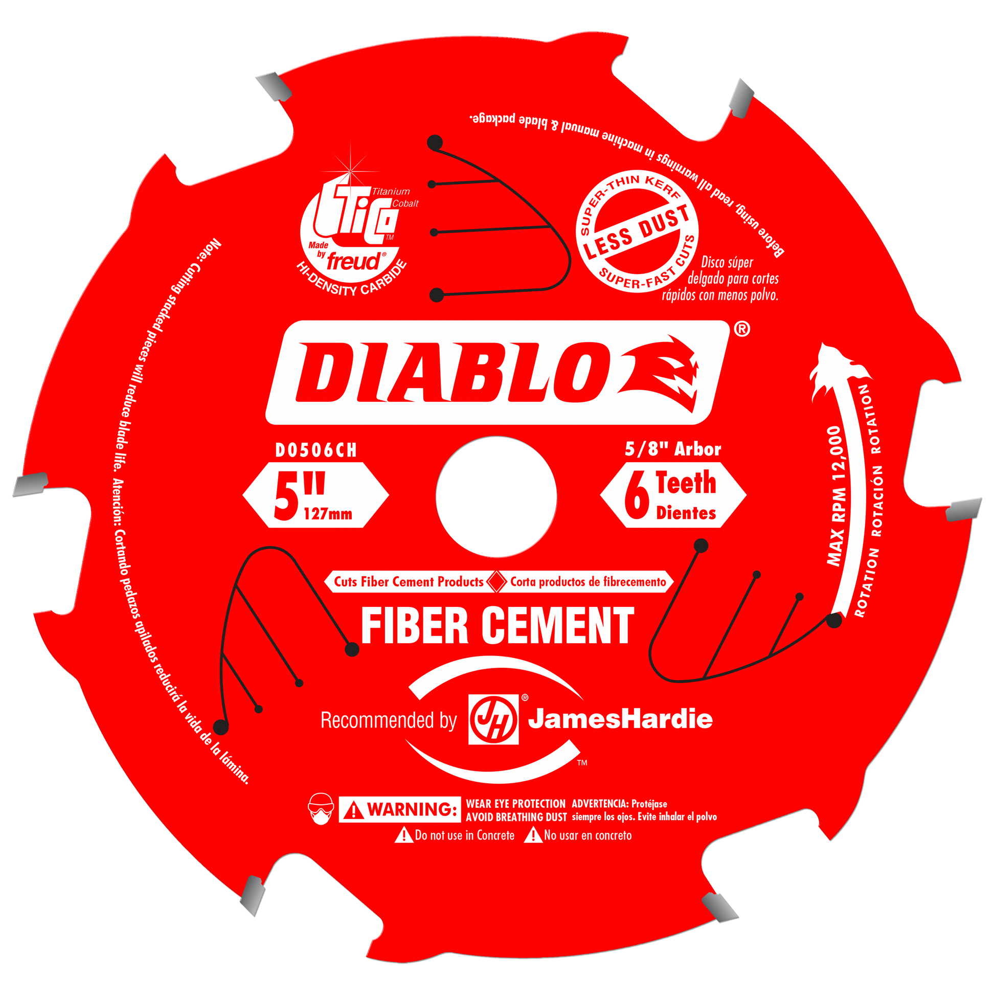 Red circular saw blade with 6 carbide teeth, 5 inch diameter, 5/8 inch arbor, designed for cutting fiber cement.
