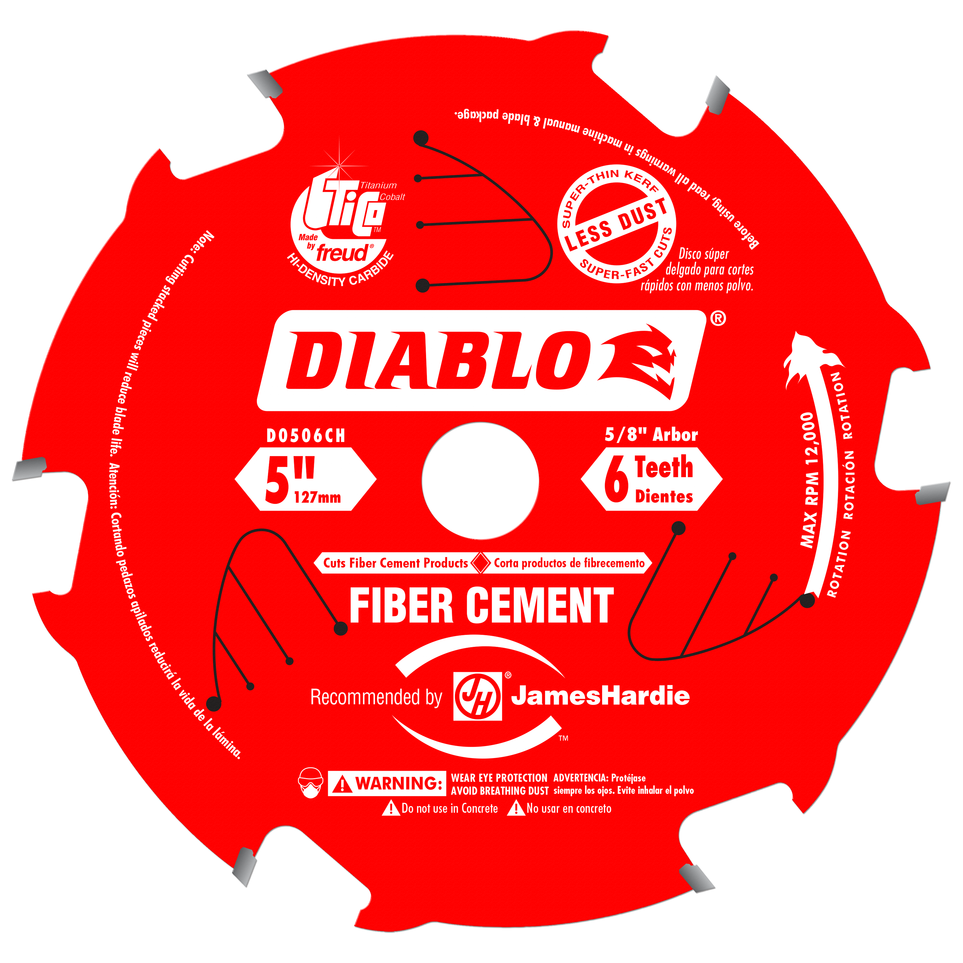 Red circular saw blade with 6 carbide teeth, 5 inch diameter, 5/8 inch arbor, designed for cutting fiber cement.