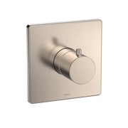Brushed nickel square shower diverter trim with round handle and three-way control ports.