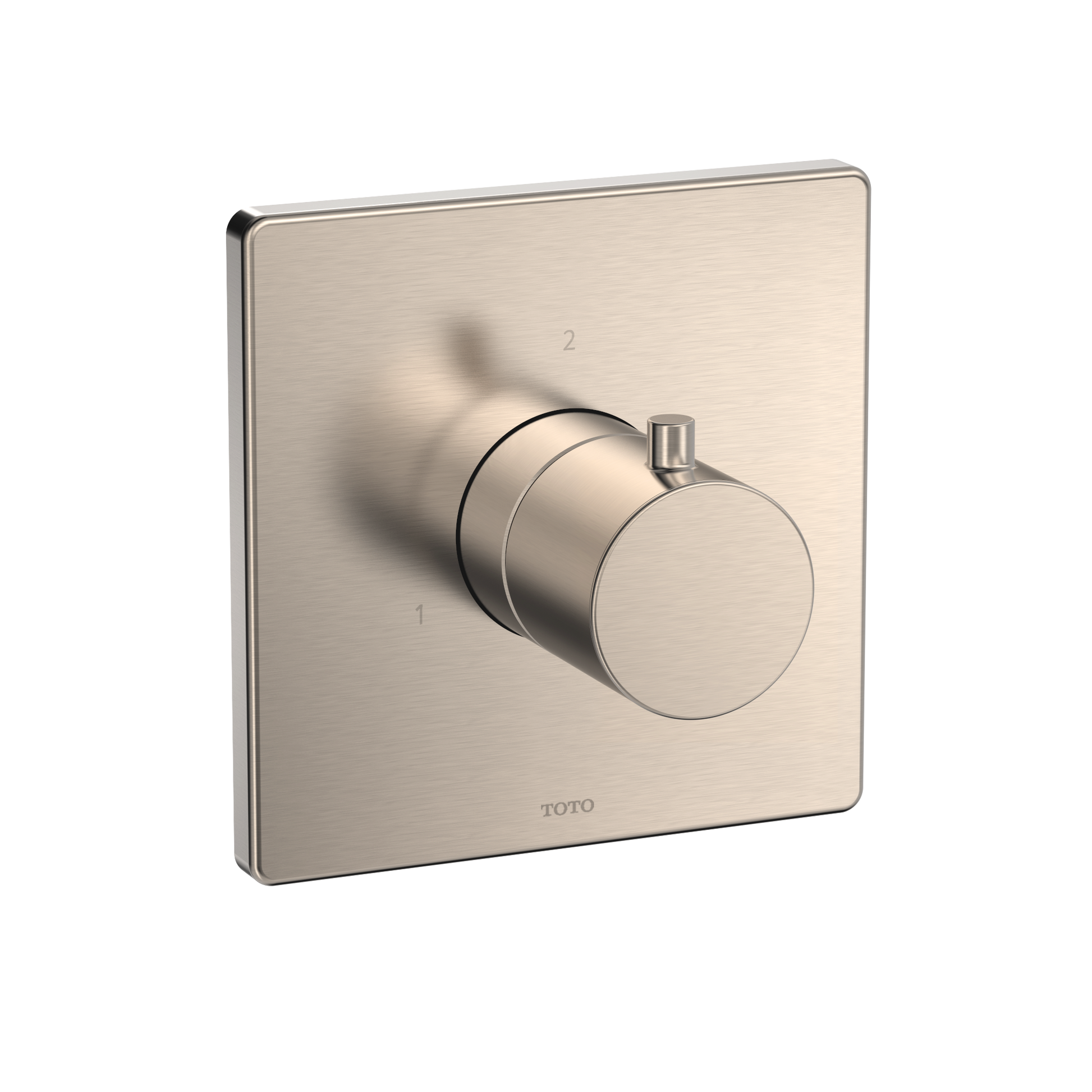 Brushed nickel square shower diverter trim with round handle and three-way control ports.