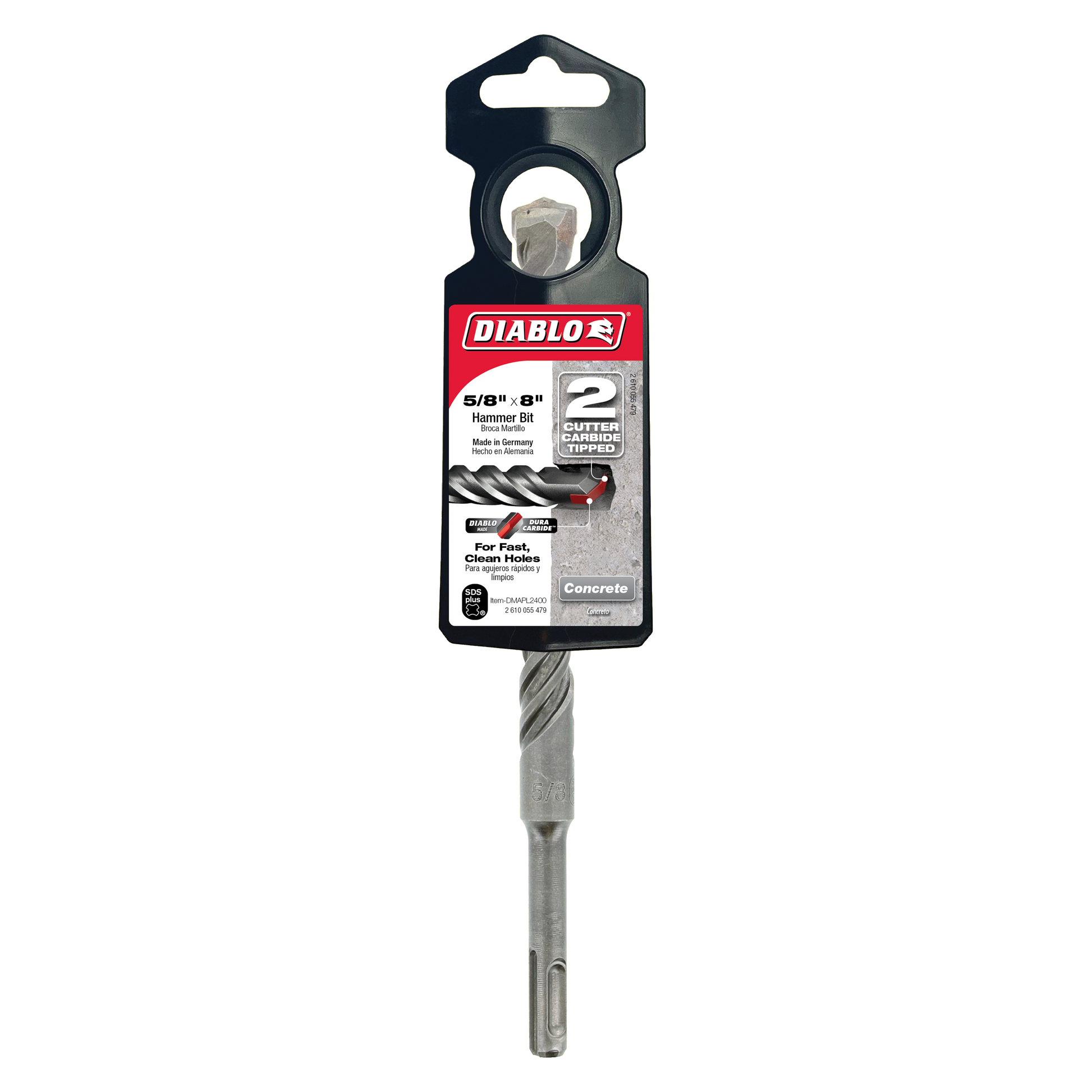 Diablo SDS-Plus hammer drill bit with 2-cutter design and black packaging, 5/8 inch diameter.