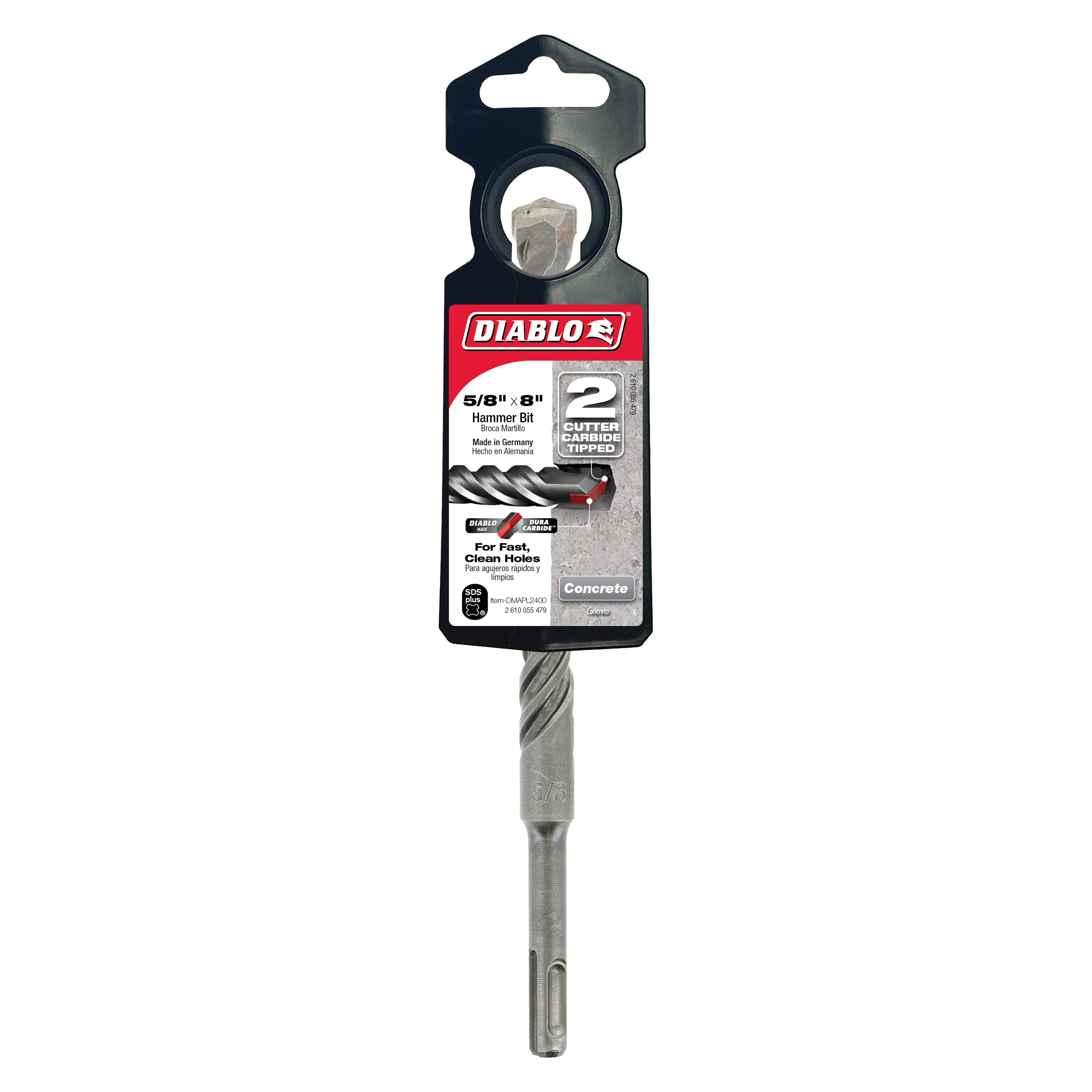 Diablo SDS-Plus hammer drill bit with 2-cutter design and black packaging, 5/8 inch diameter.
