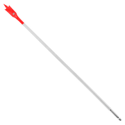 Red spade bit with gray shaft and small fluted head for drilling.