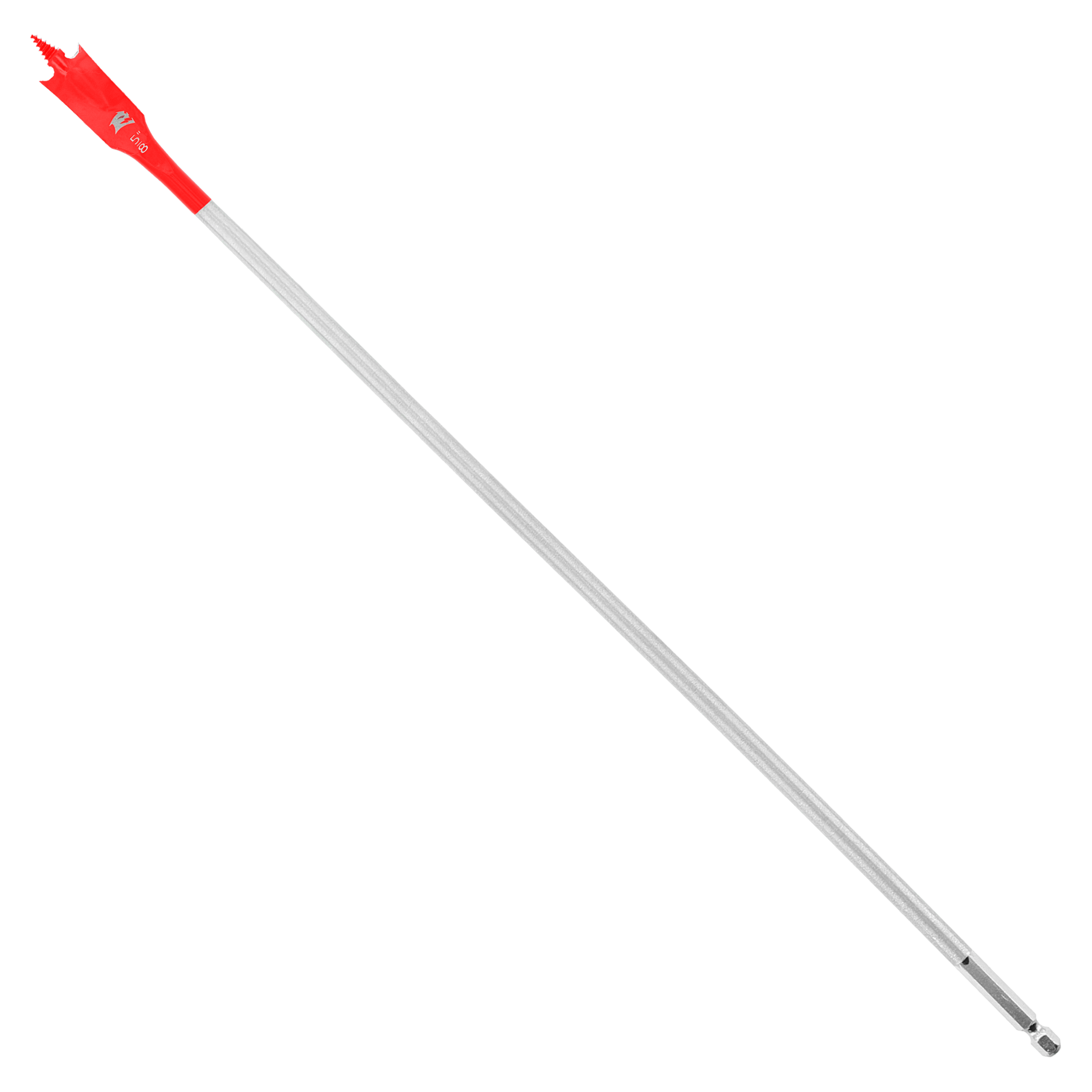 Red spade bit with gray shaft and small fluted head for drilling.