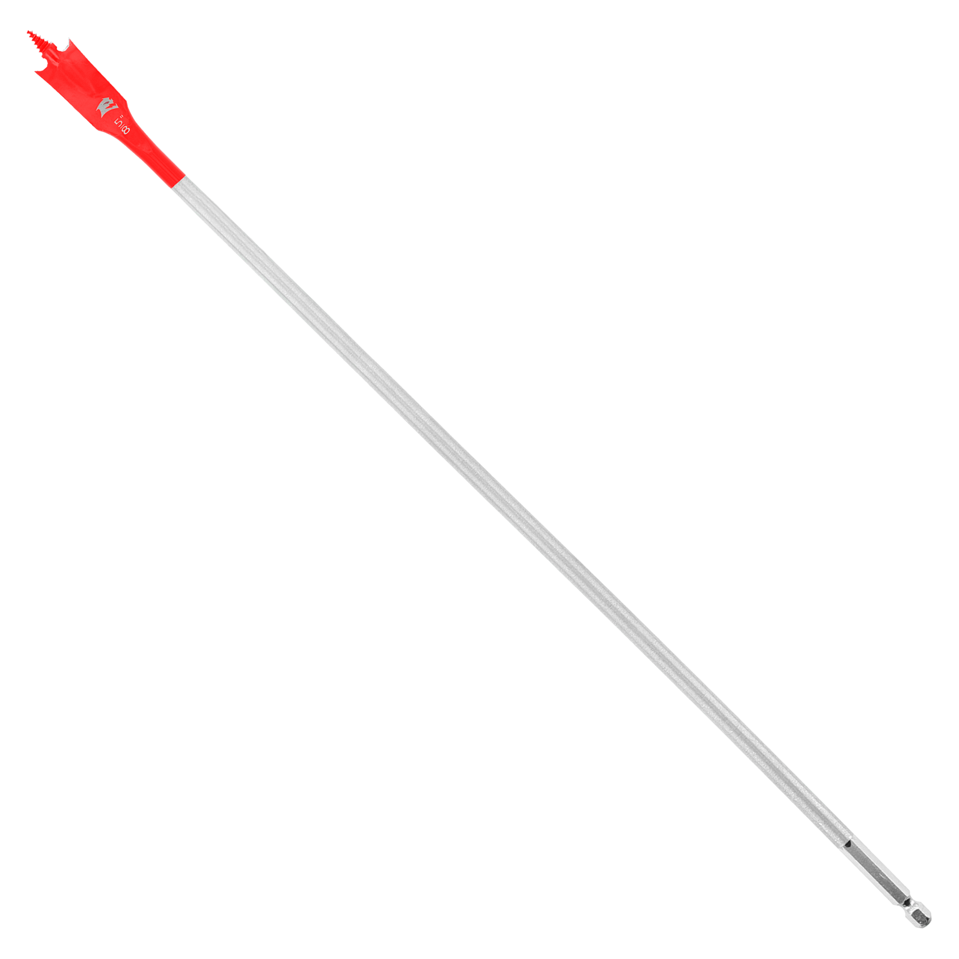 Red spade bit with gray shaft and small fluted head for drilling.