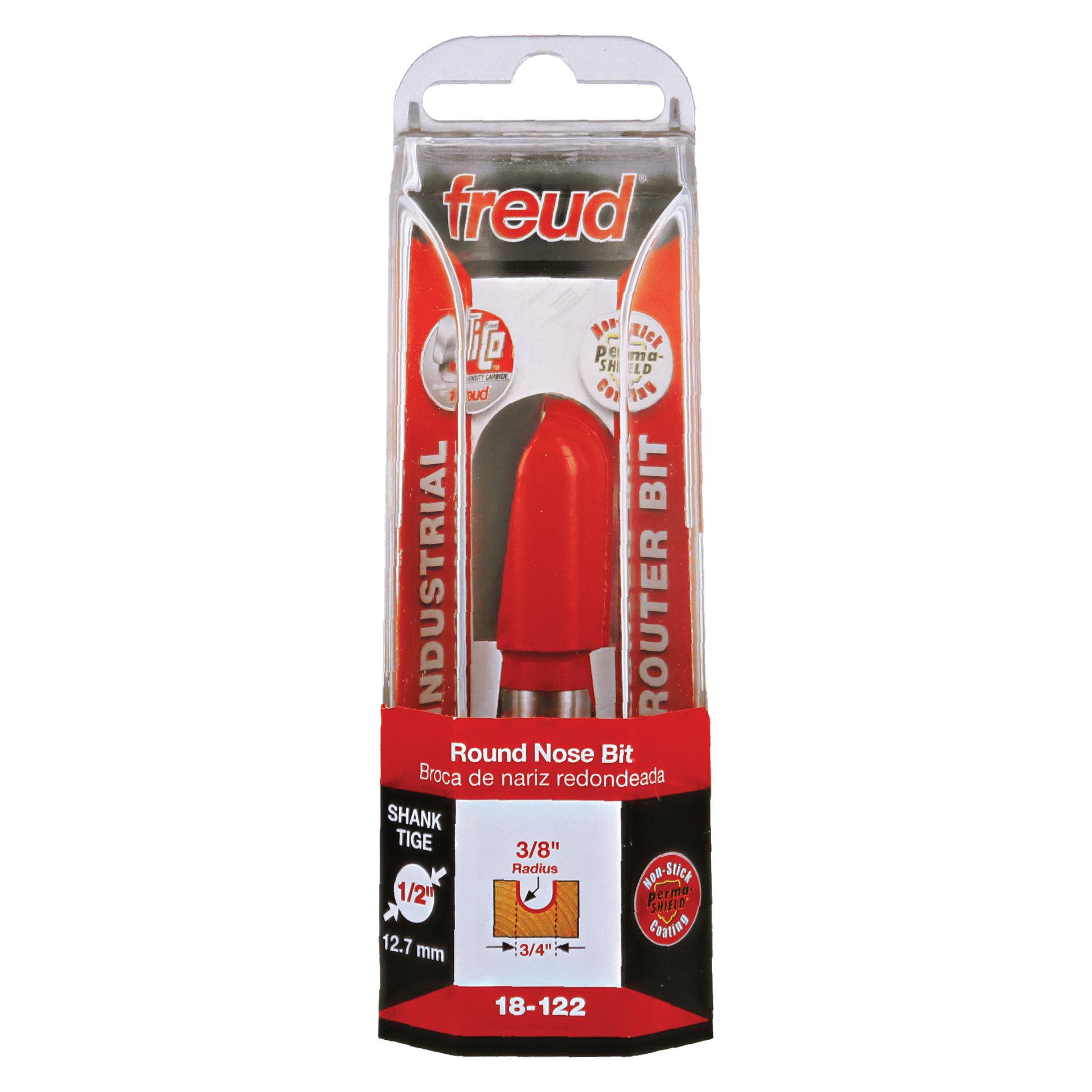 Freud round nose router bit with red body, metal cutting head, and clear plastic packaging displaying specifications.