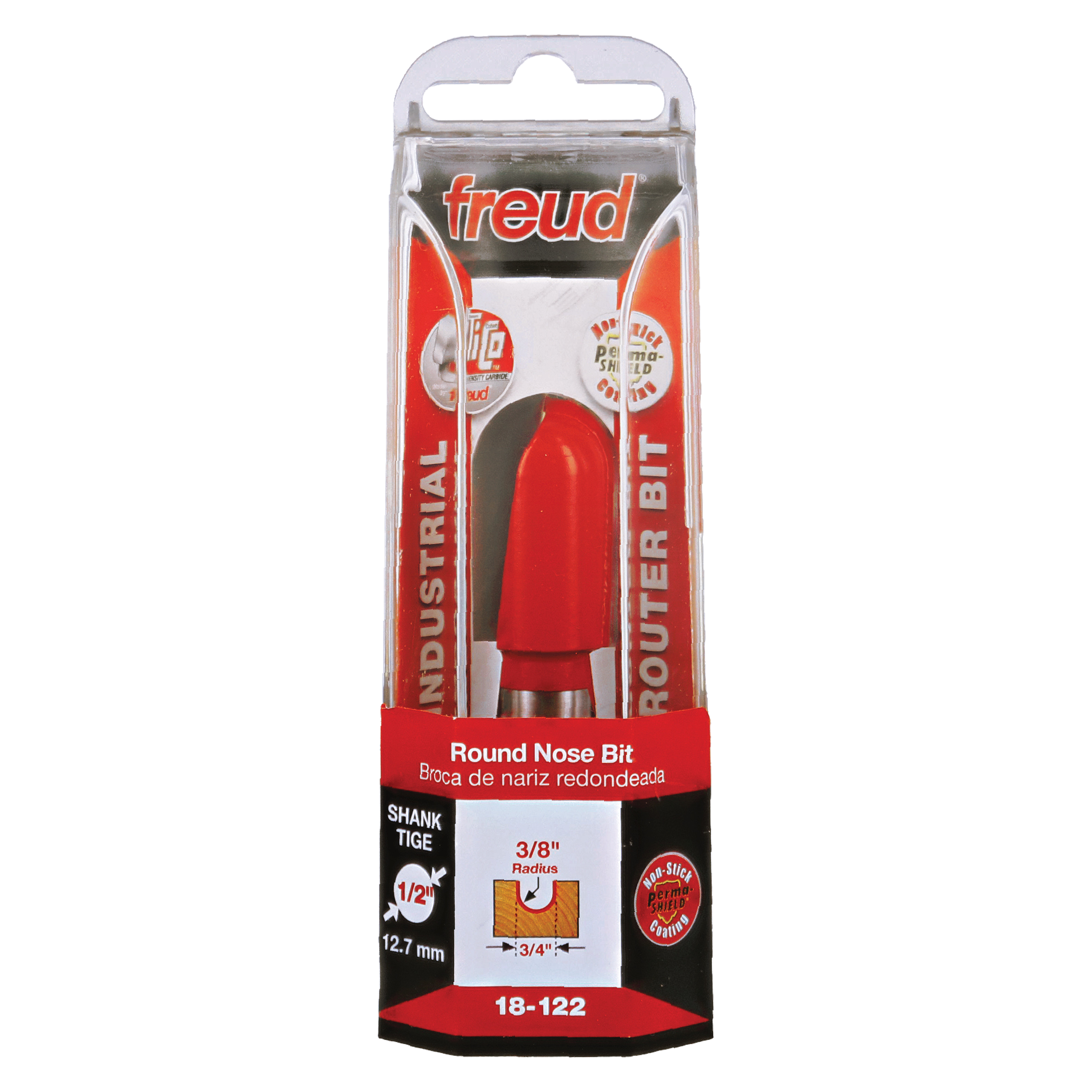 Freud round nose router bit with red body, metal cutting head, and clear plastic packaging displaying specifications.