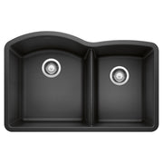 Anthracite undermount kitchen sink with two unequal bowls and chrome drain fittings, viewed from above.