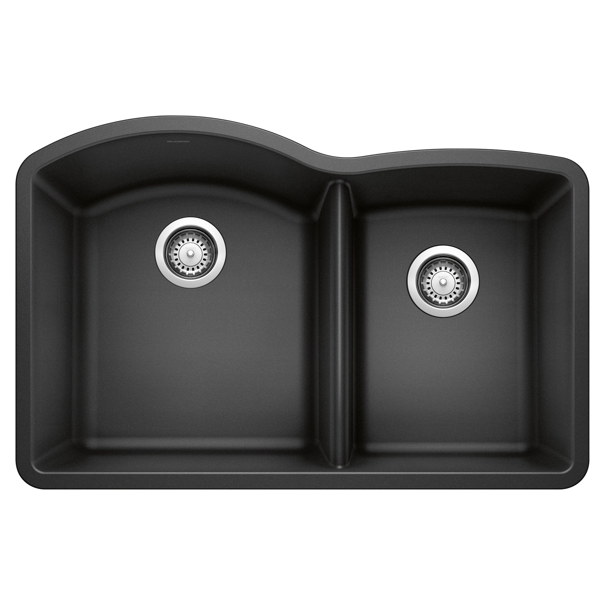 Anthracite undermount kitchen sink with two unequal bowls and chrome drain fittings, viewed from above.