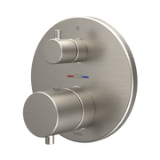 Brushed nickel round shower trim with two cylindrical handles and temperature/volume controls on oval escutcheon plate.