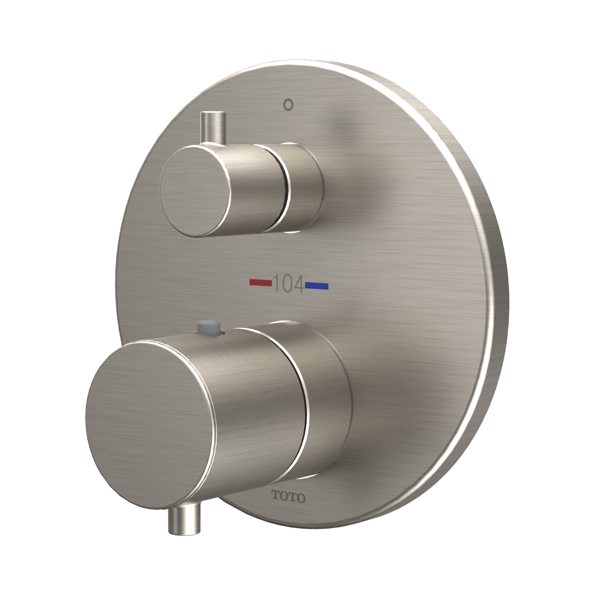 Brushed nickel round shower trim with two cylindrical handles and temperature/volume controls on oval escutcheon plate.