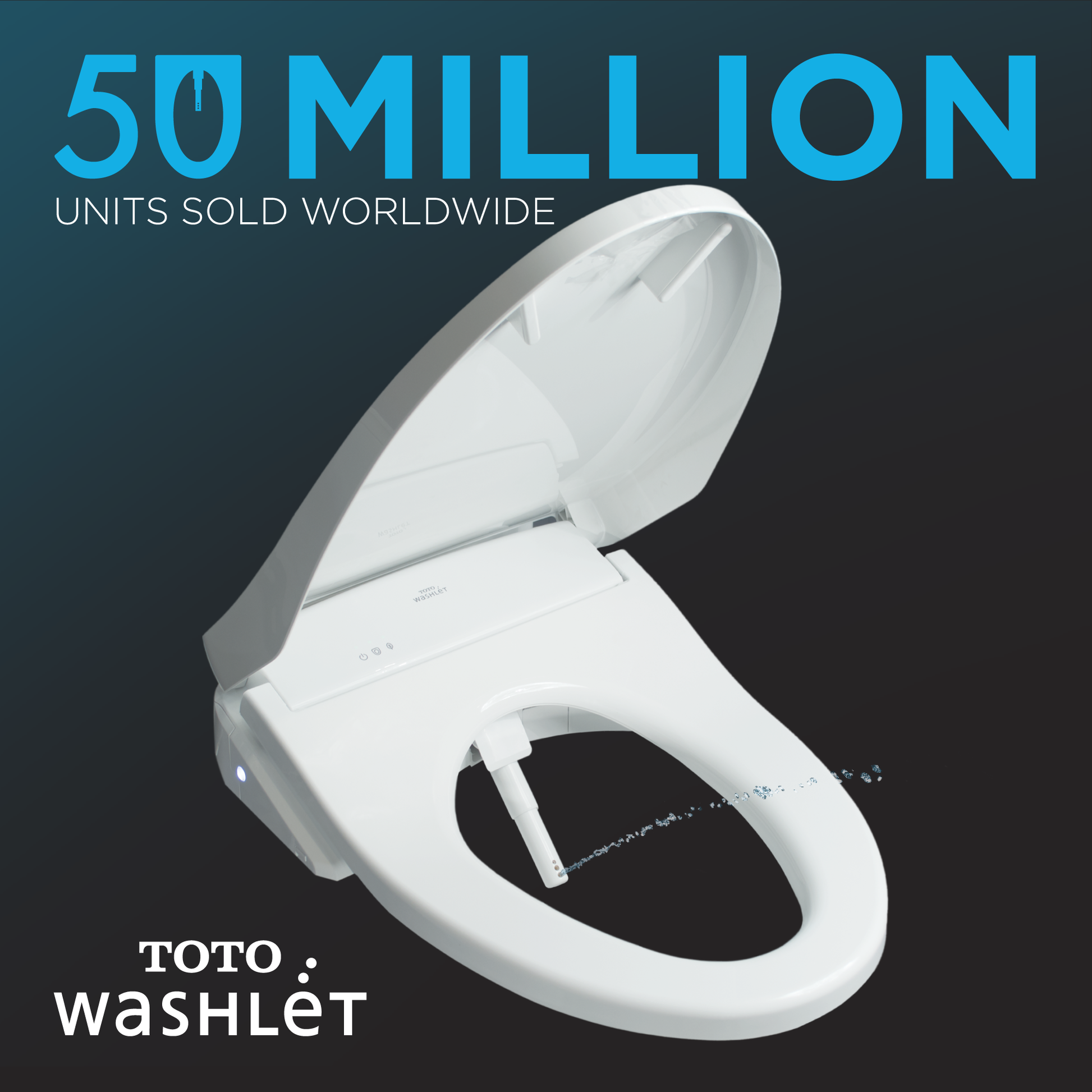 White square electronic bidet toilet seat with open lid and control panel on side.