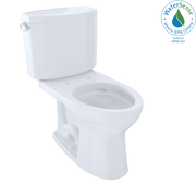 White two-piece elongated toilet with separate tank and bowl, shown at angle with lid closed.