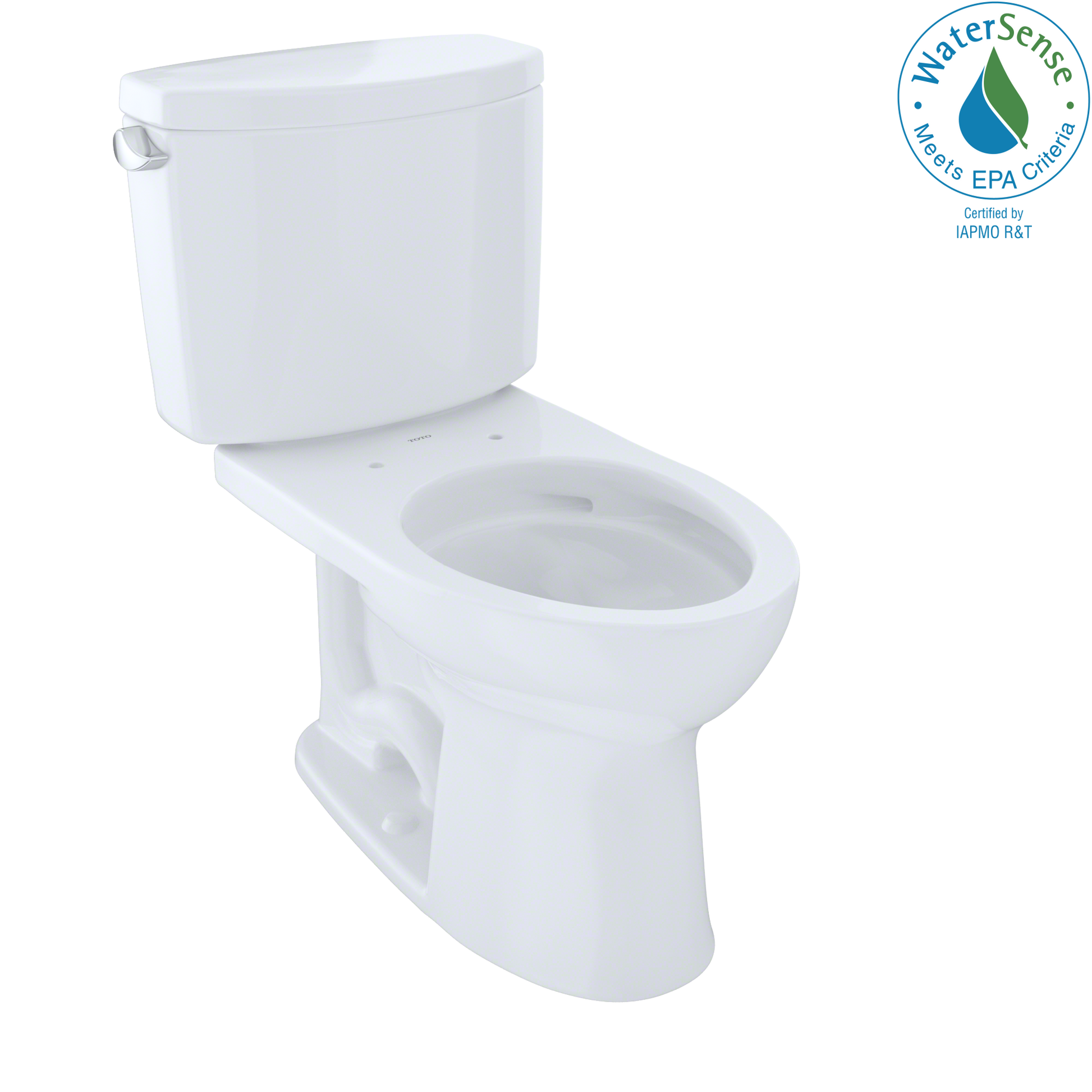 White two-piece elongated toilet with separate tank and bowl, shown at angle with lid closed.