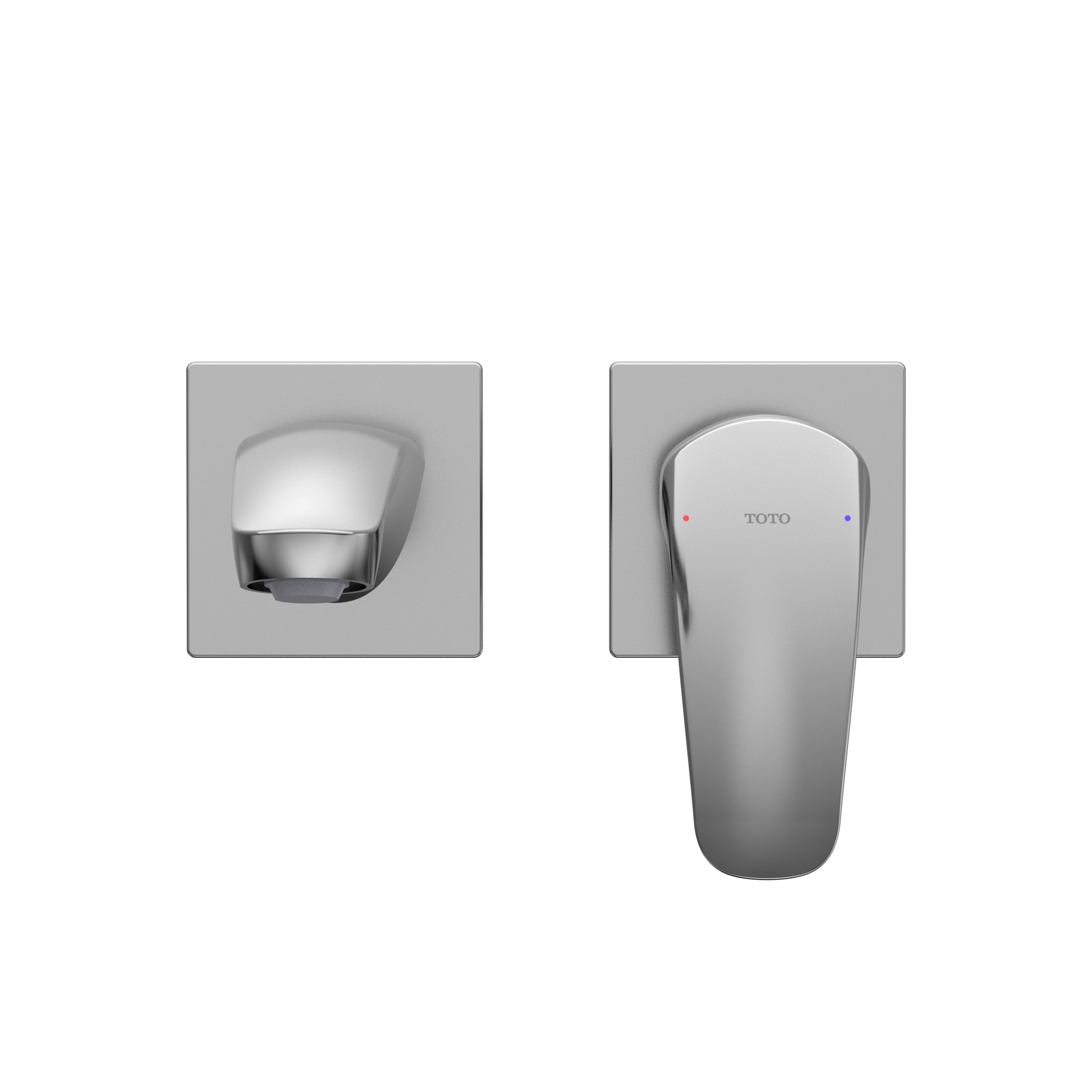 Polished chrome wall-mount single-handle bathroom faucet with square escutcheon plates shown from front and side views.