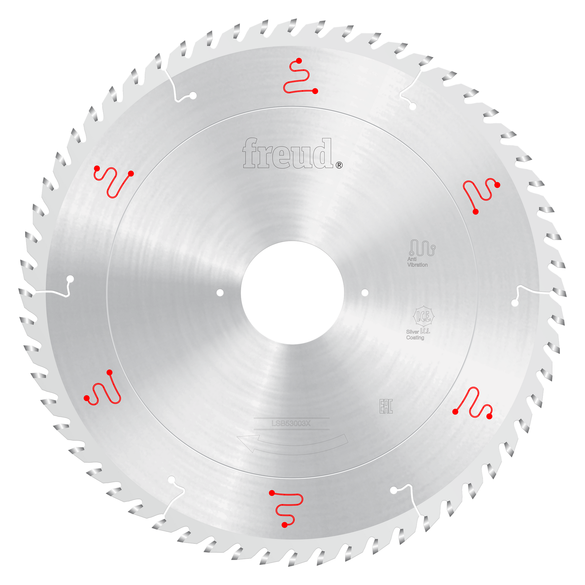 Freud 530mm circular saw blade with silver carbide teeth and red markings for horizontal beam saw panel sizing.