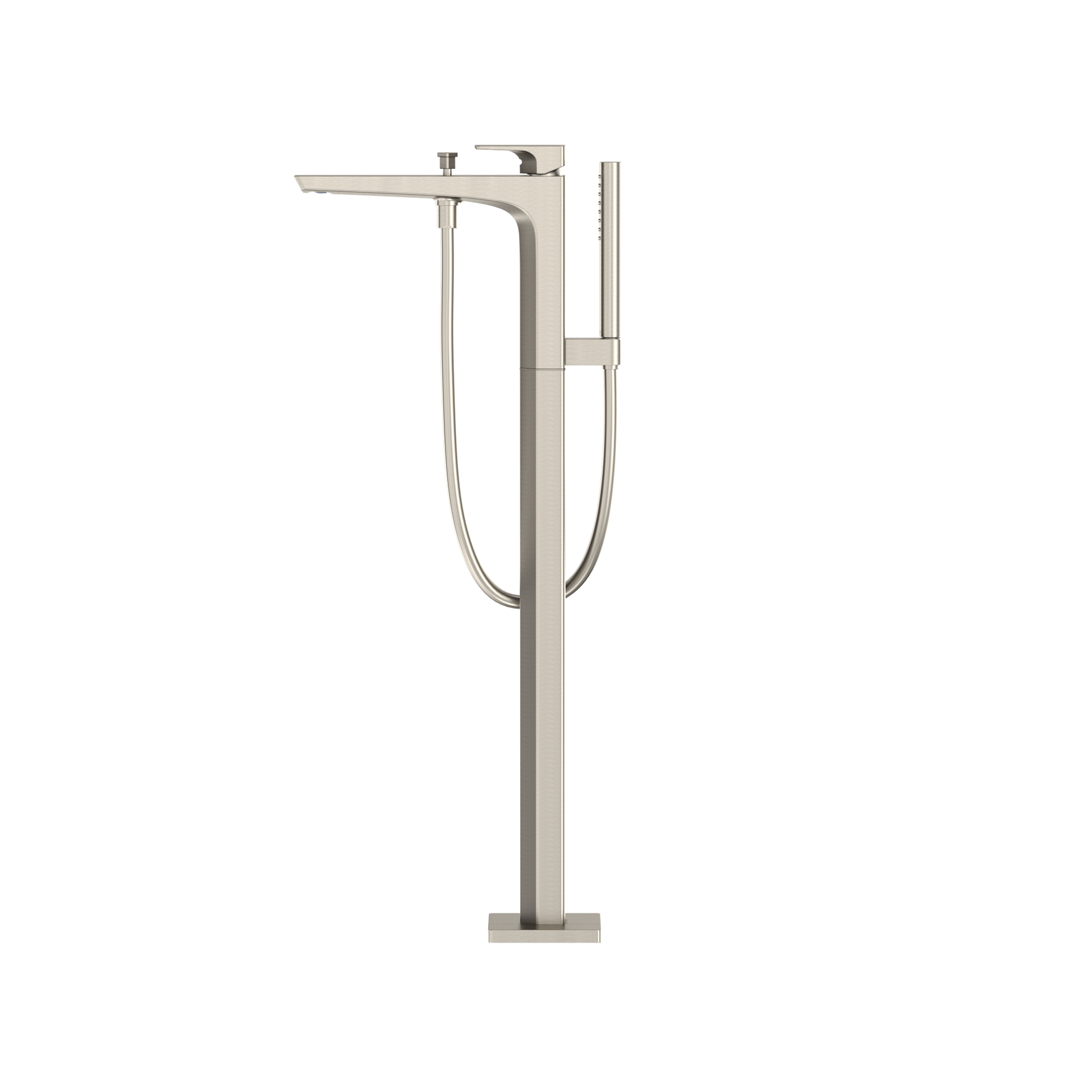 Brushed nickel freestanding tub filler with single handle, curved spout, and detachable handshower on hose.