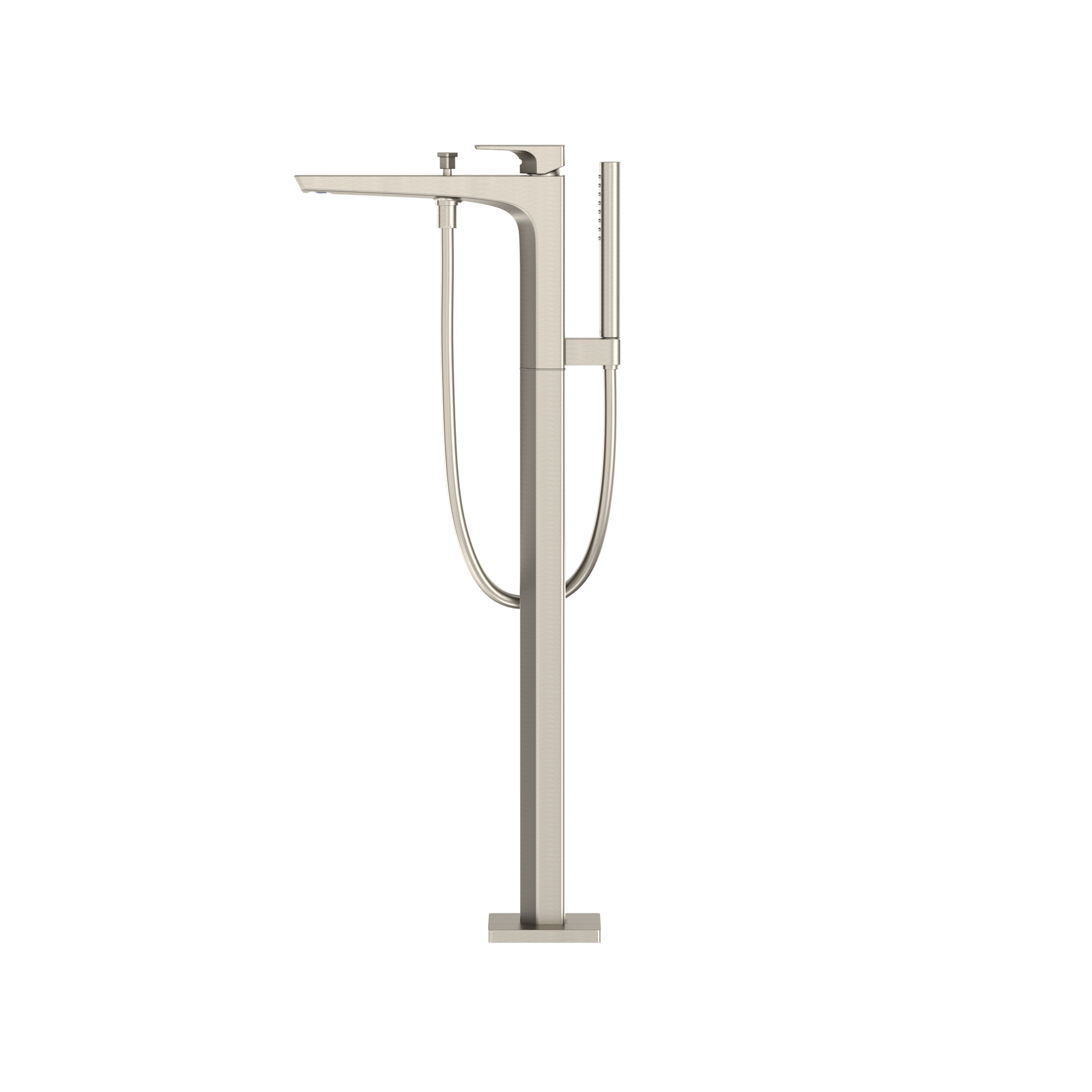 Brushed nickel freestanding tub filler with single handle, curved spout, and detachable handshower on hose.