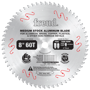 8-inch circular saw blade with 60 teeth and silver ice coating for cutting aluminum and non-ferrous metals.