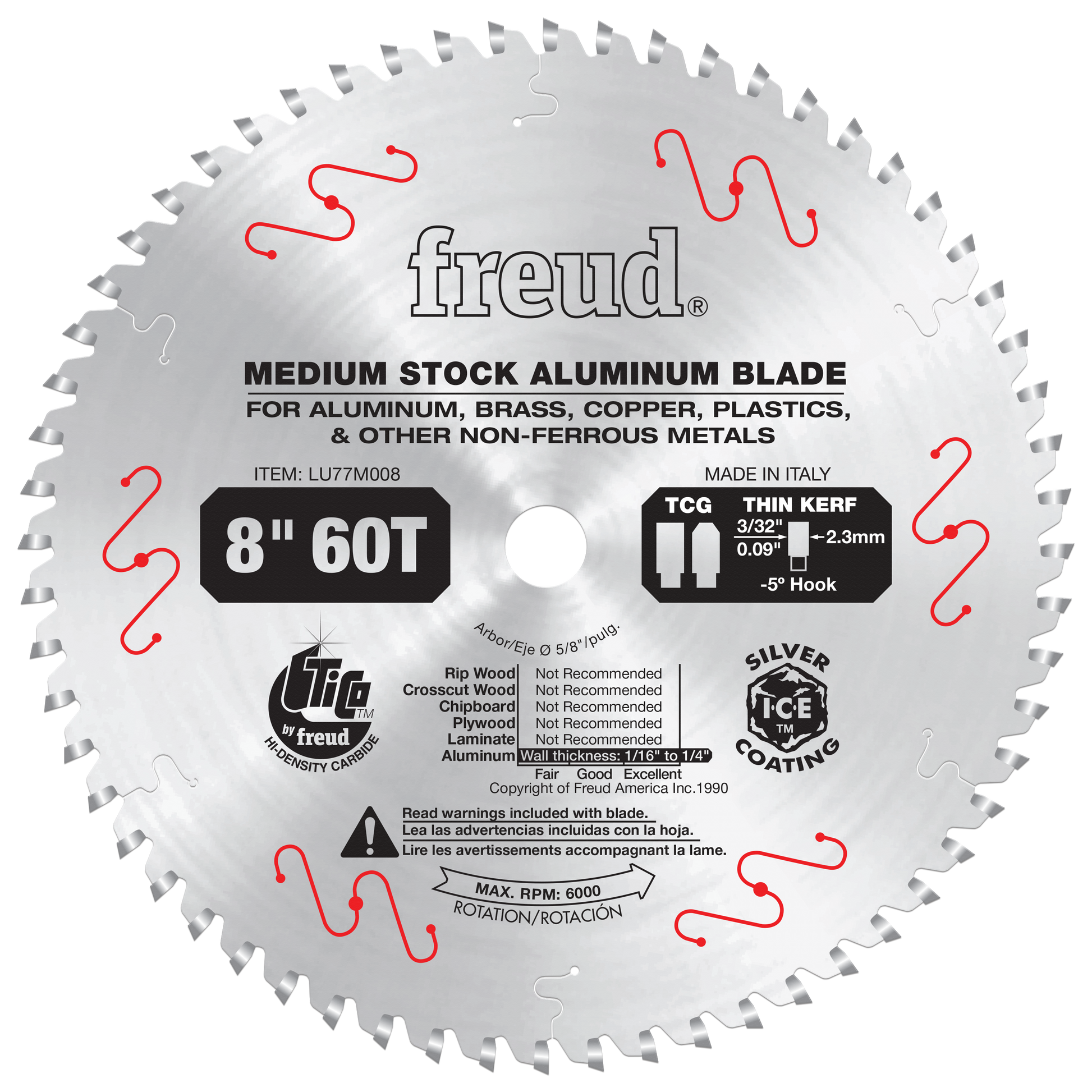 8-inch circular saw blade with 60 teeth and silver ice coating for cutting aluminum and non-ferrous metals.