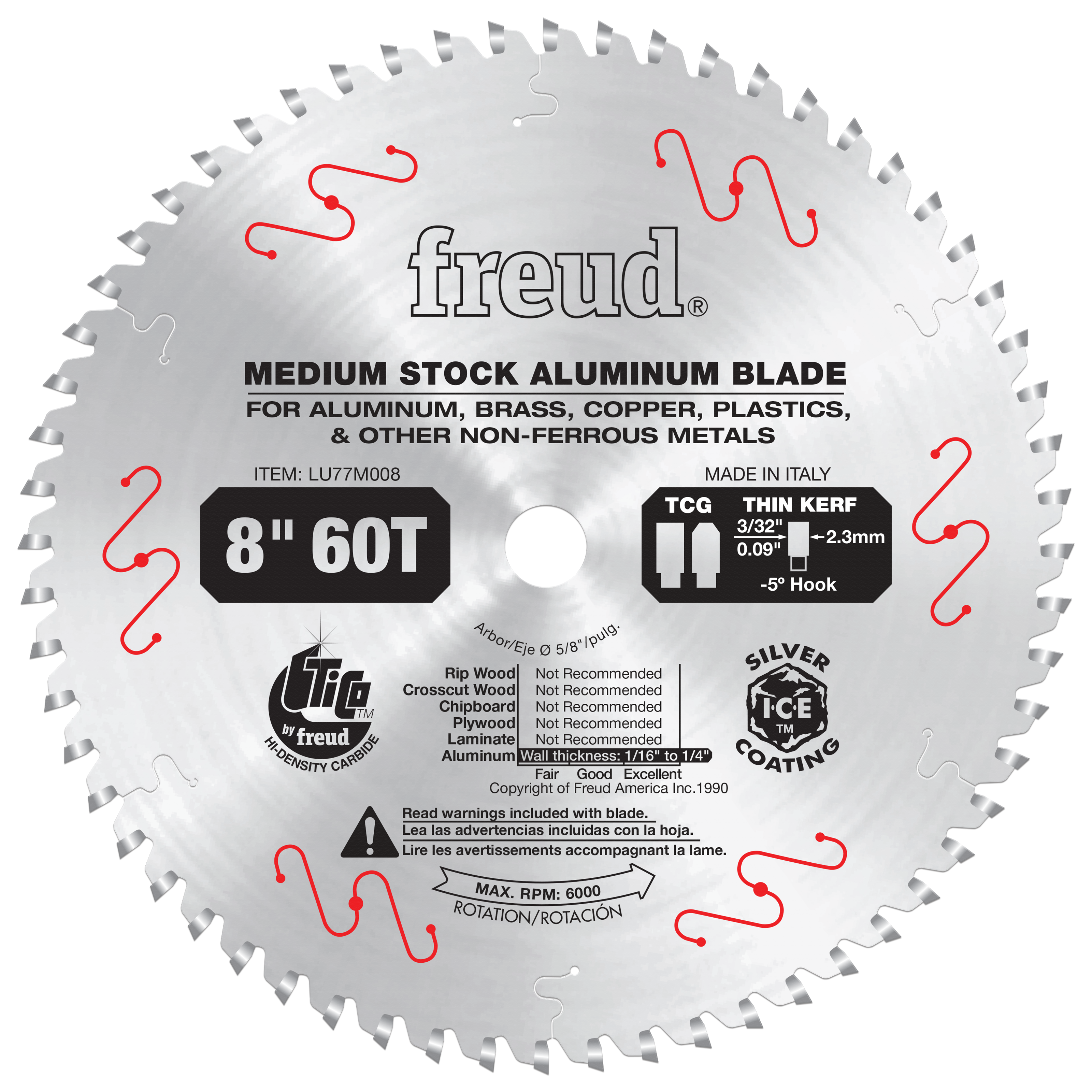 8-inch circular saw blade with 60 teeth and silver ice coating for cutting aluminum and non-ferrous metals.