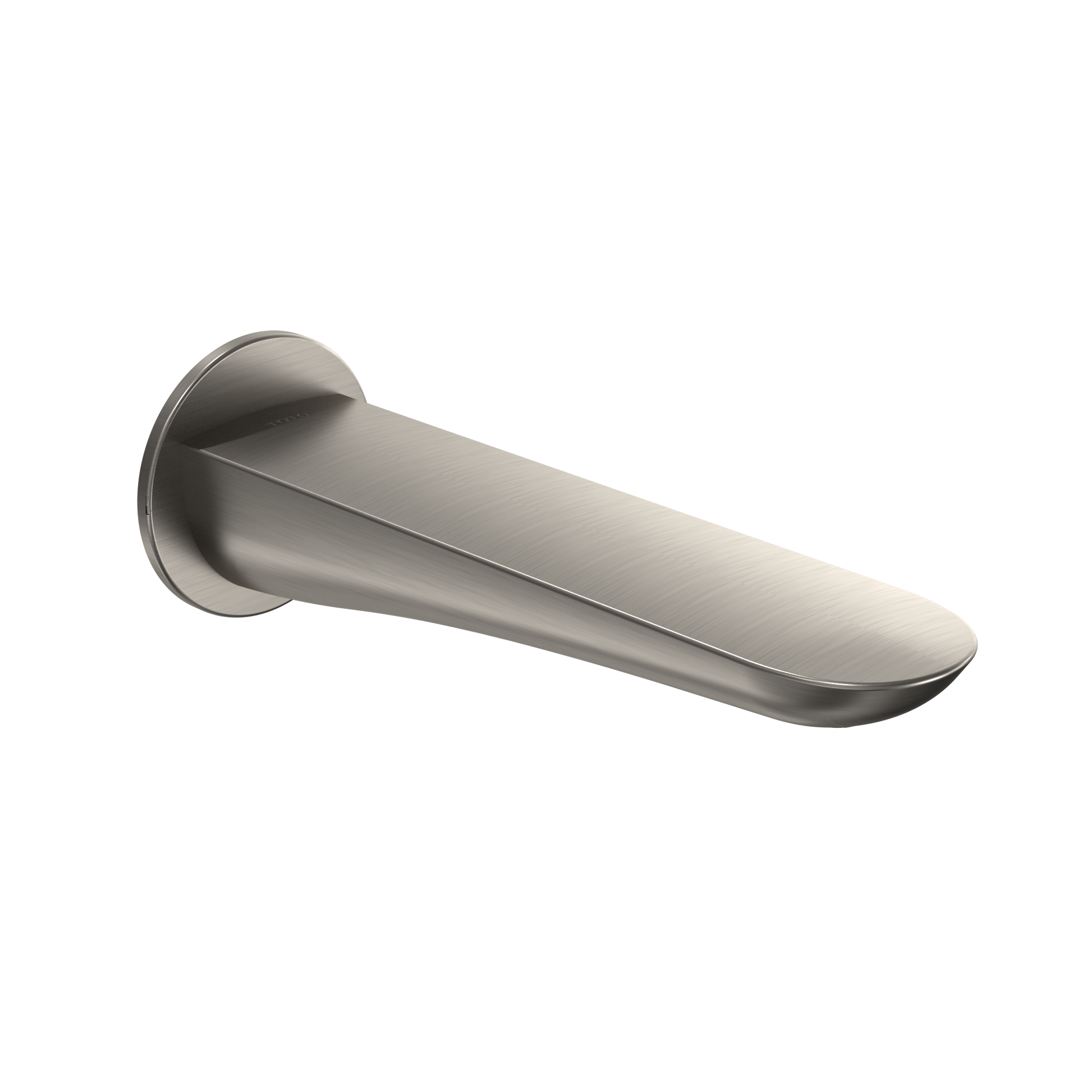 Brushed nickel wall-mounted tub spout with curved tapered design and circular mounting flange.
