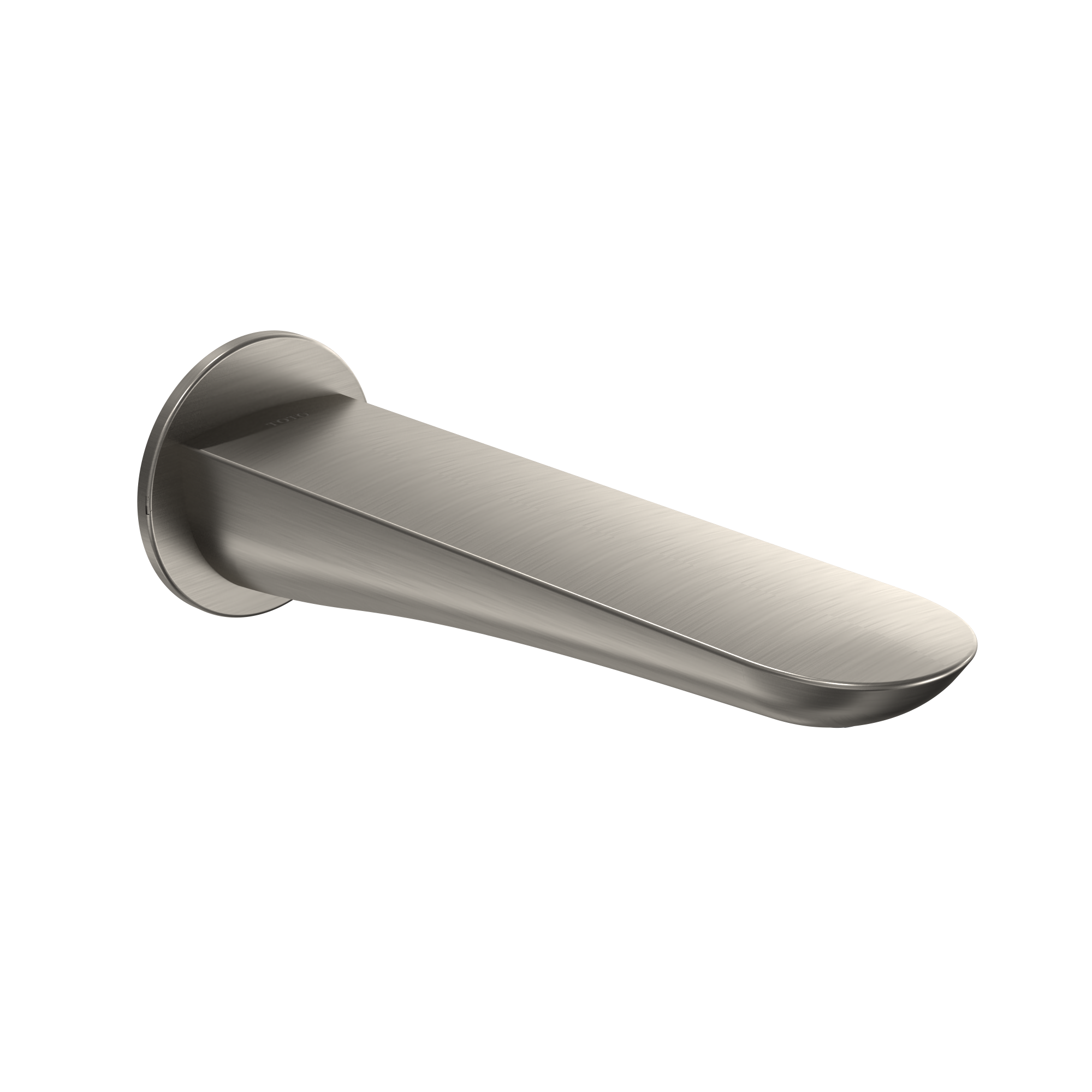 Brushed nickel wall-mounted tub spout with curved tapered design and circular mounting flange.