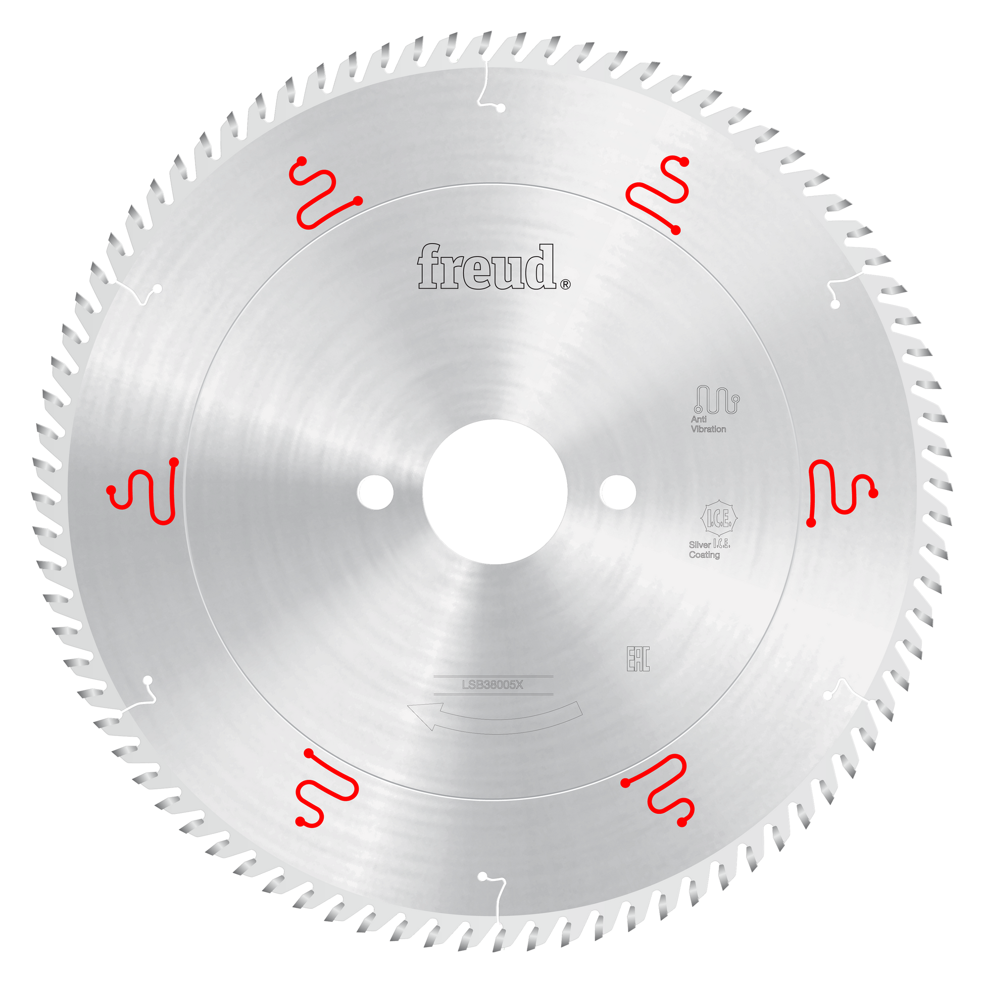 Freud 380mm circular saw blade with silver coating, multiple teeth around perimeter, and center mounting hole.