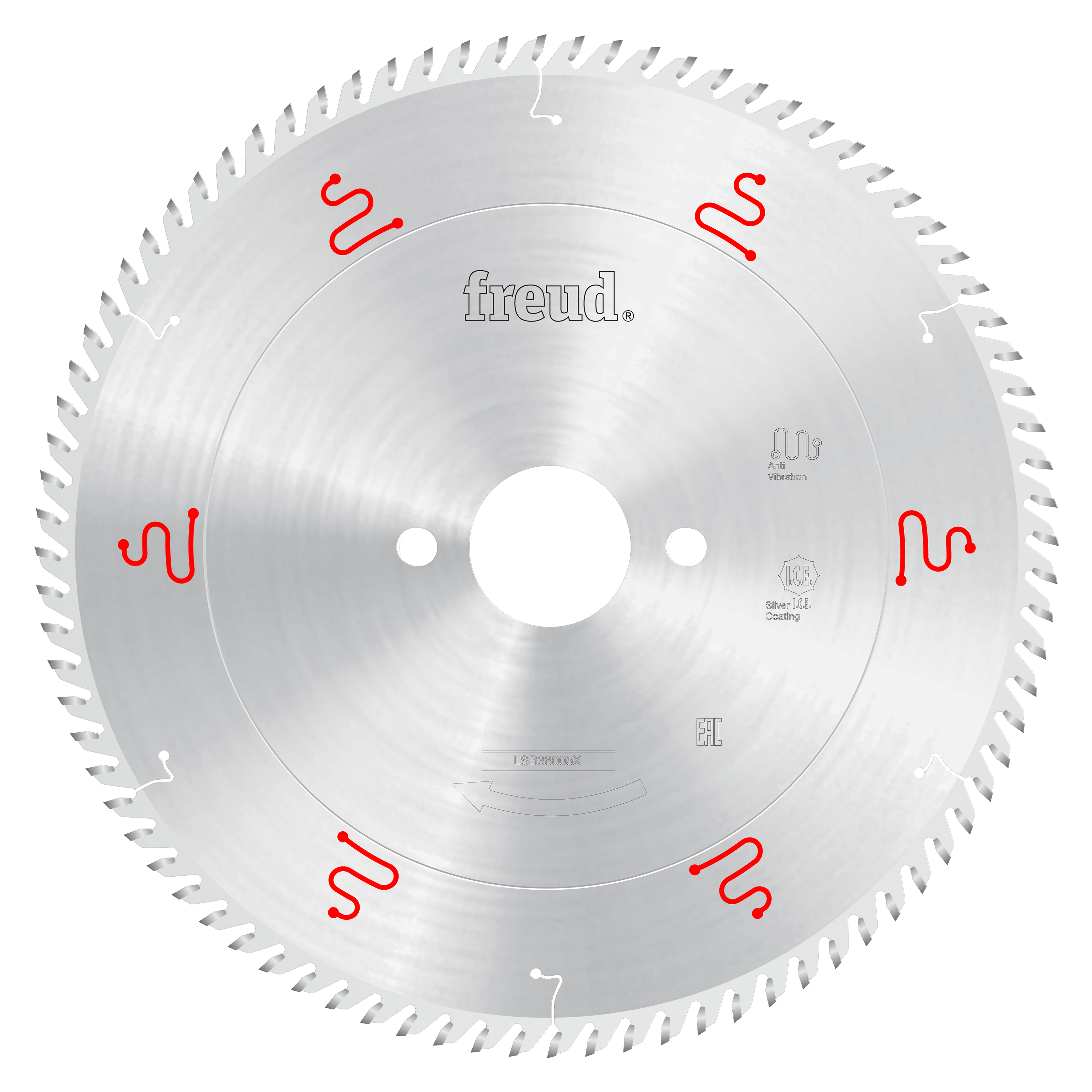 Freud 380mm circular saw blade with silver coating, multiple teeth around perimeter, and center mounting hole.
