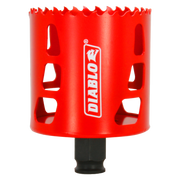 Red cylindrical hole saw with serrated cutting edge, Diablo branding, and black arbor attachment at base.