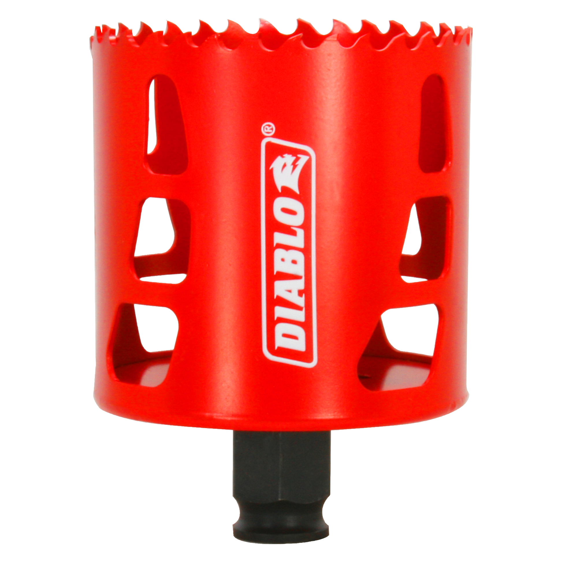 Red cylindrical hole saw with serrated cutting edge, Diablo branding, and black arbor attachment at base.