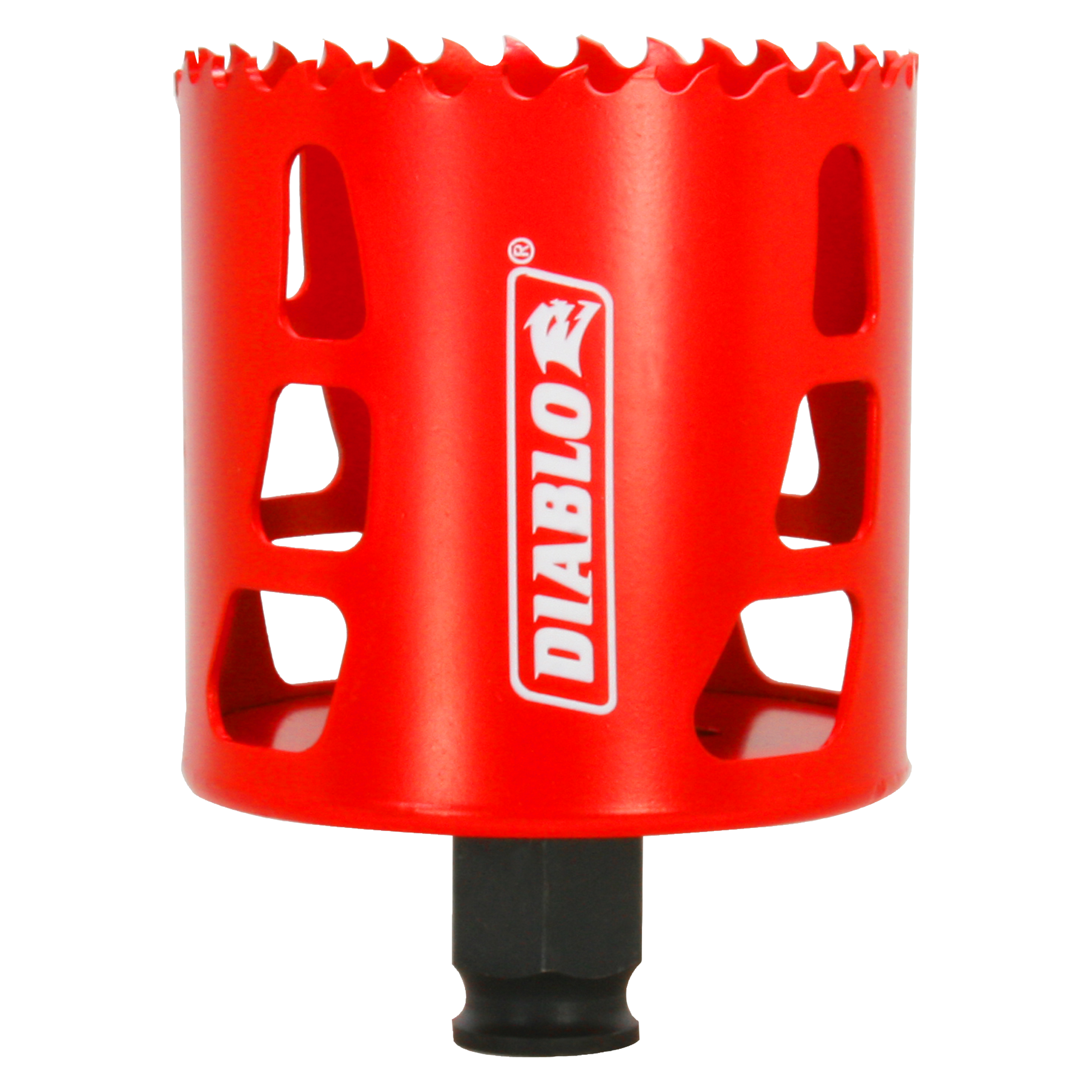 Red cylindrical hole saw with serrated cutting edge, Diablo branding, and black arbor attachment at base.