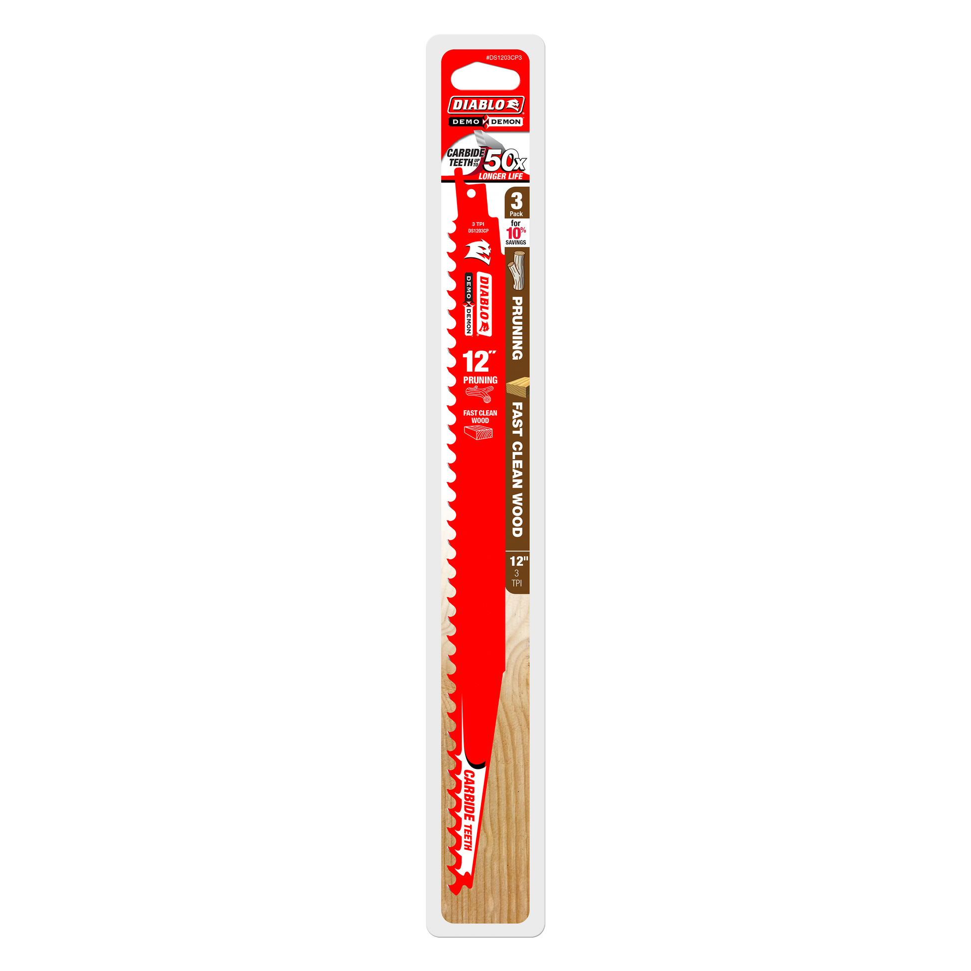 Three Diablo 12-inch carbide-tipped pruning saw blades with red metal bodies and wooden handles in packaging.