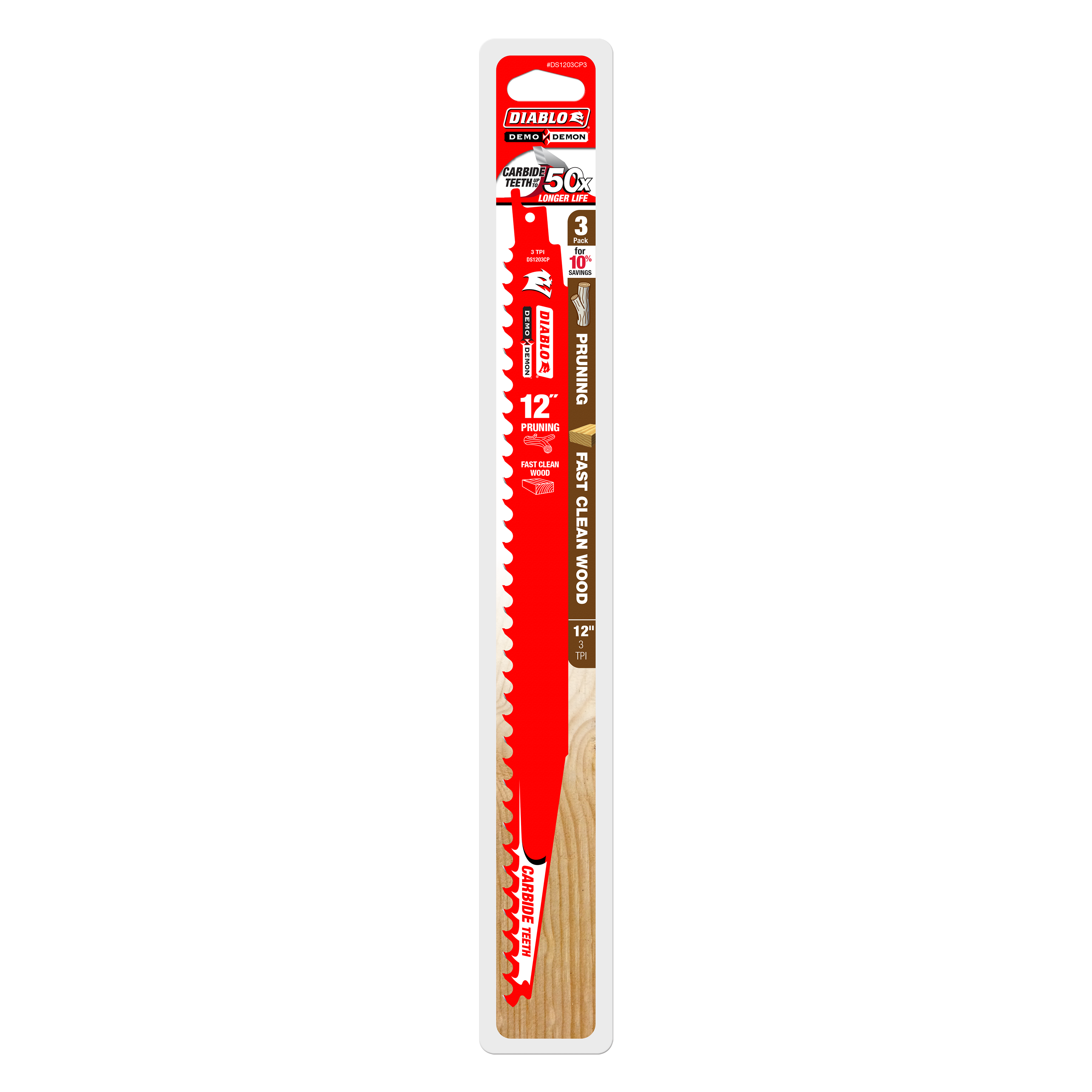 Three Diablo 12-inch carbide-tipped pruning saw blades with red metal bodies and wooden handles in packaging.