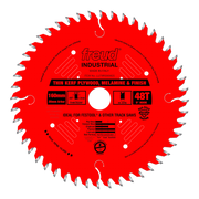 Red circular saw blade with gray teeth, white center hole, and black text specifications for plywood and melamine cutting.