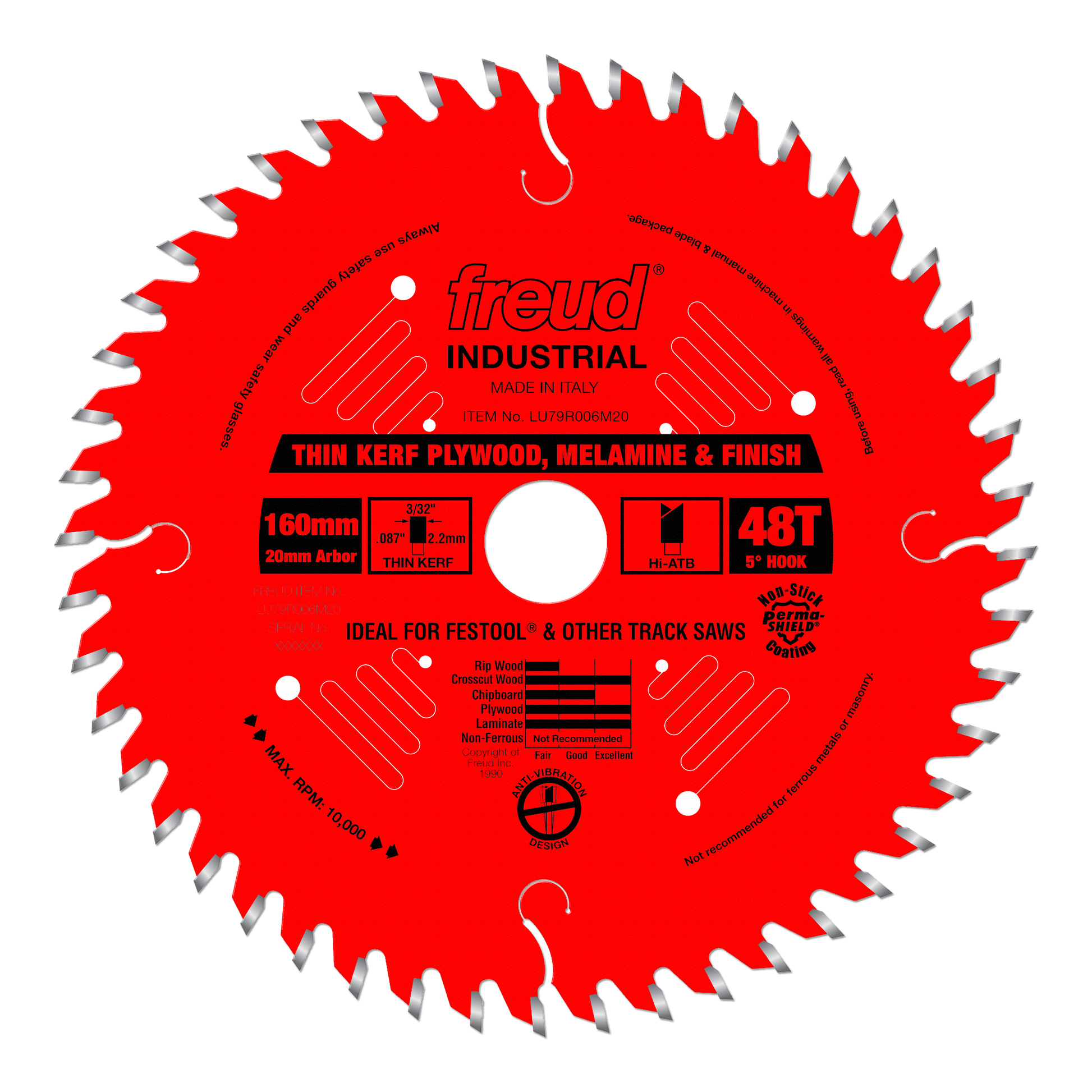 Red circular saw blade with gray teeth, white center hole, and black text specifications for plywood and melamine cutting.