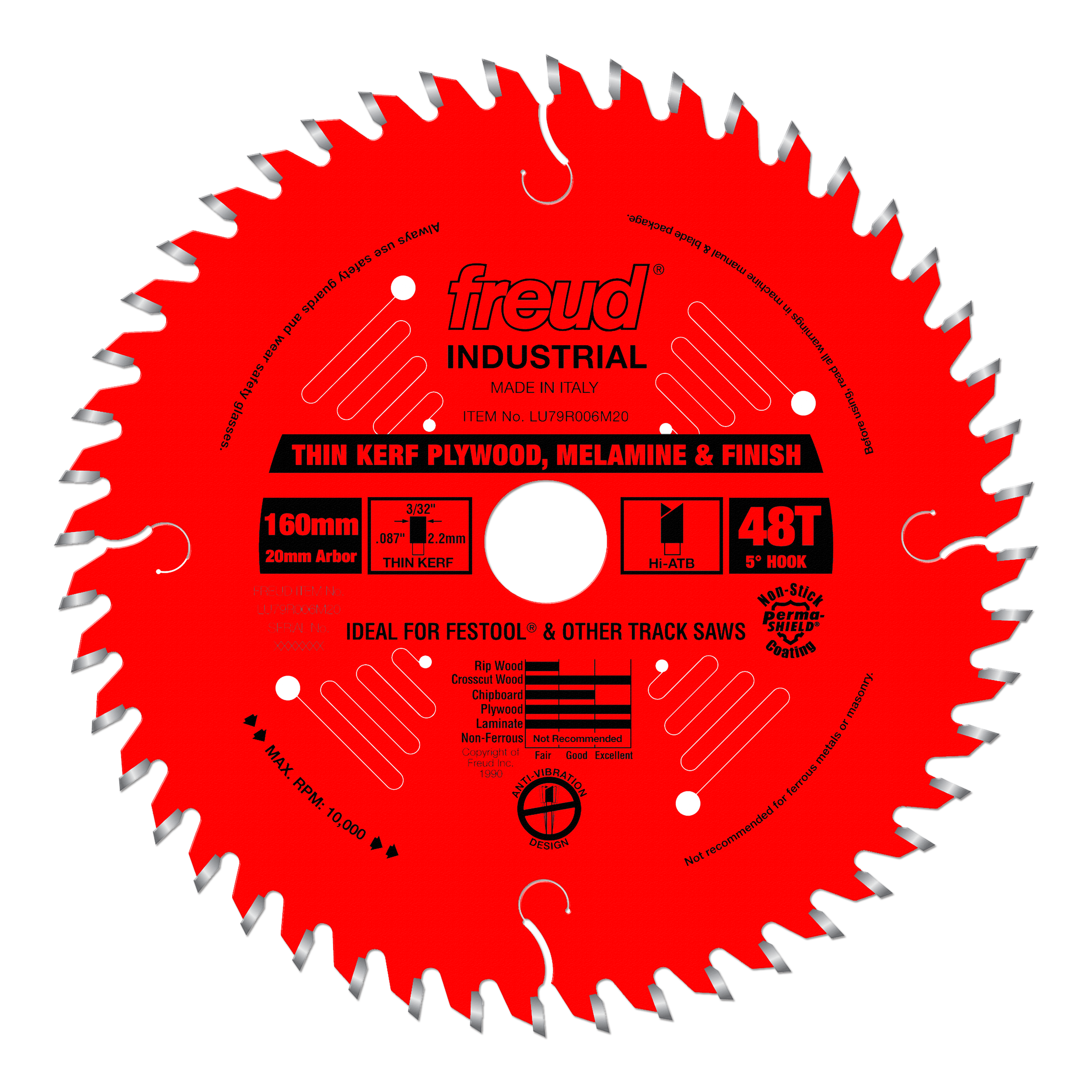 Red circular saw blade with gray teeth, white center hole, and black text specifications for plywood and melamine cutting.