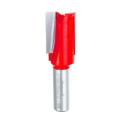 Freud router bit with red cutting head and two flutes on silver shank with engraved text.