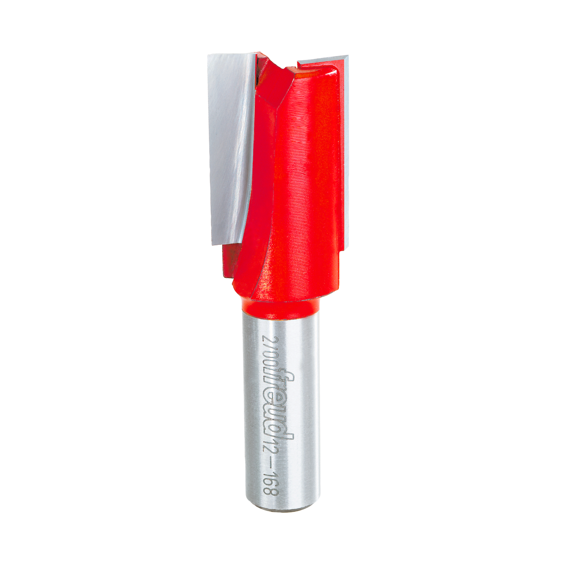 Freud router bit with red cutting head and two flutes on silver shank with engraved text.