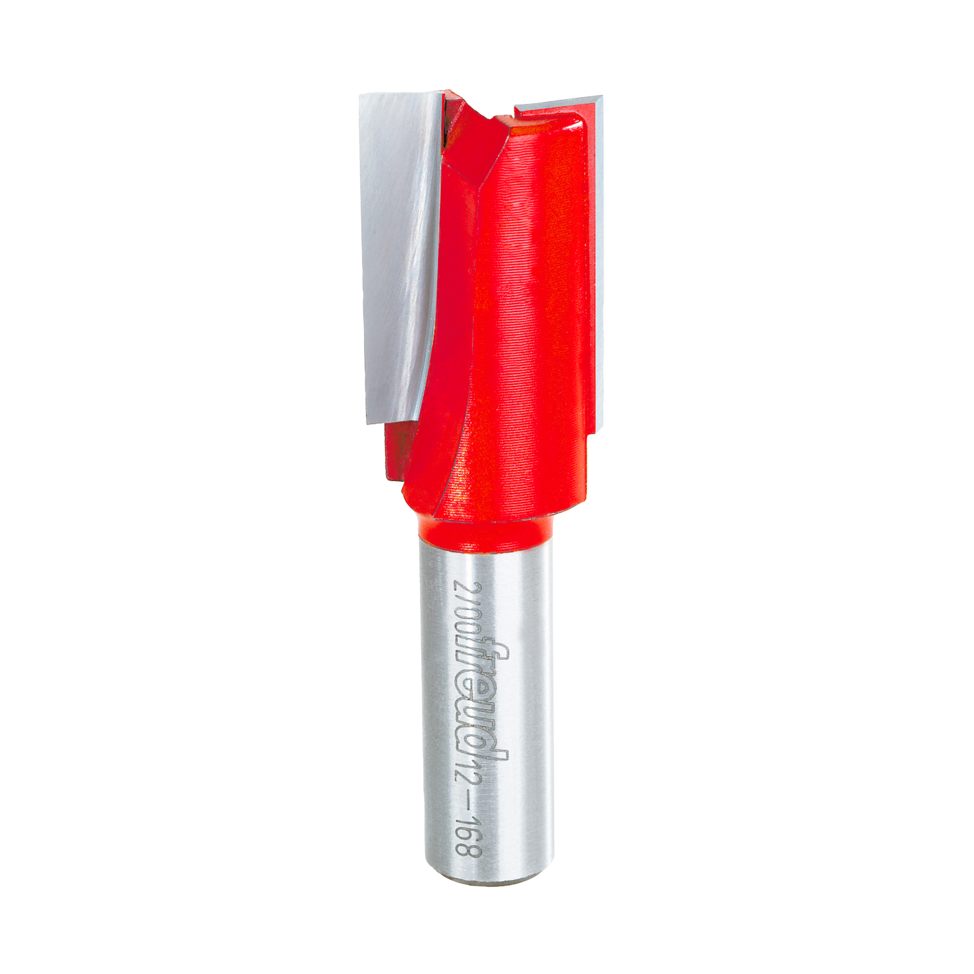 Freud router bit with red cutting head and two flutes on silver shank with engraved text.